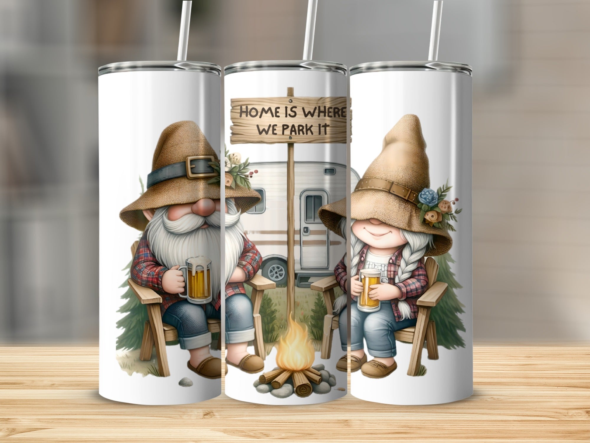 Gnomes with beer mugs by campfire, with camper and "Home is Where We Park It" sign.
