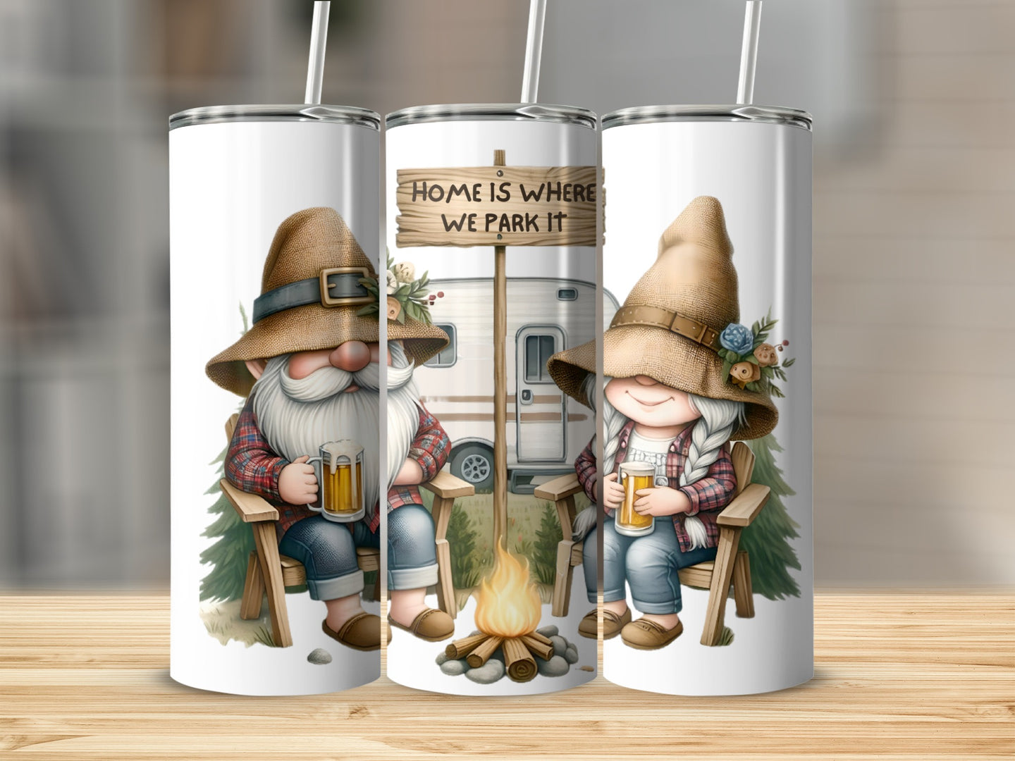 Gnomes with beer mugs by campfire, with camper and "Home is Where We Park It" sign.
