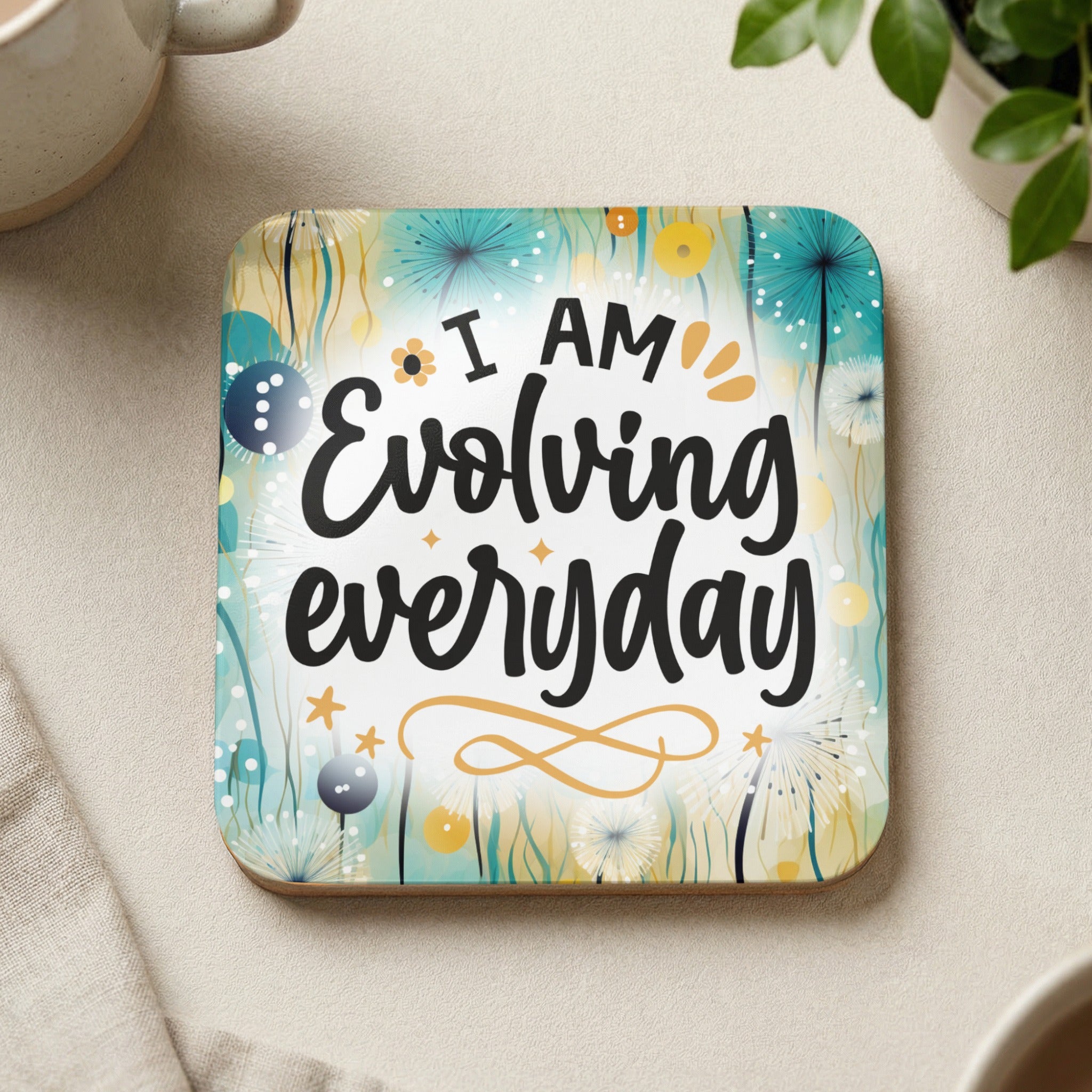 Coaster with "I AM Evolving everyday" text and floral dandelion design.