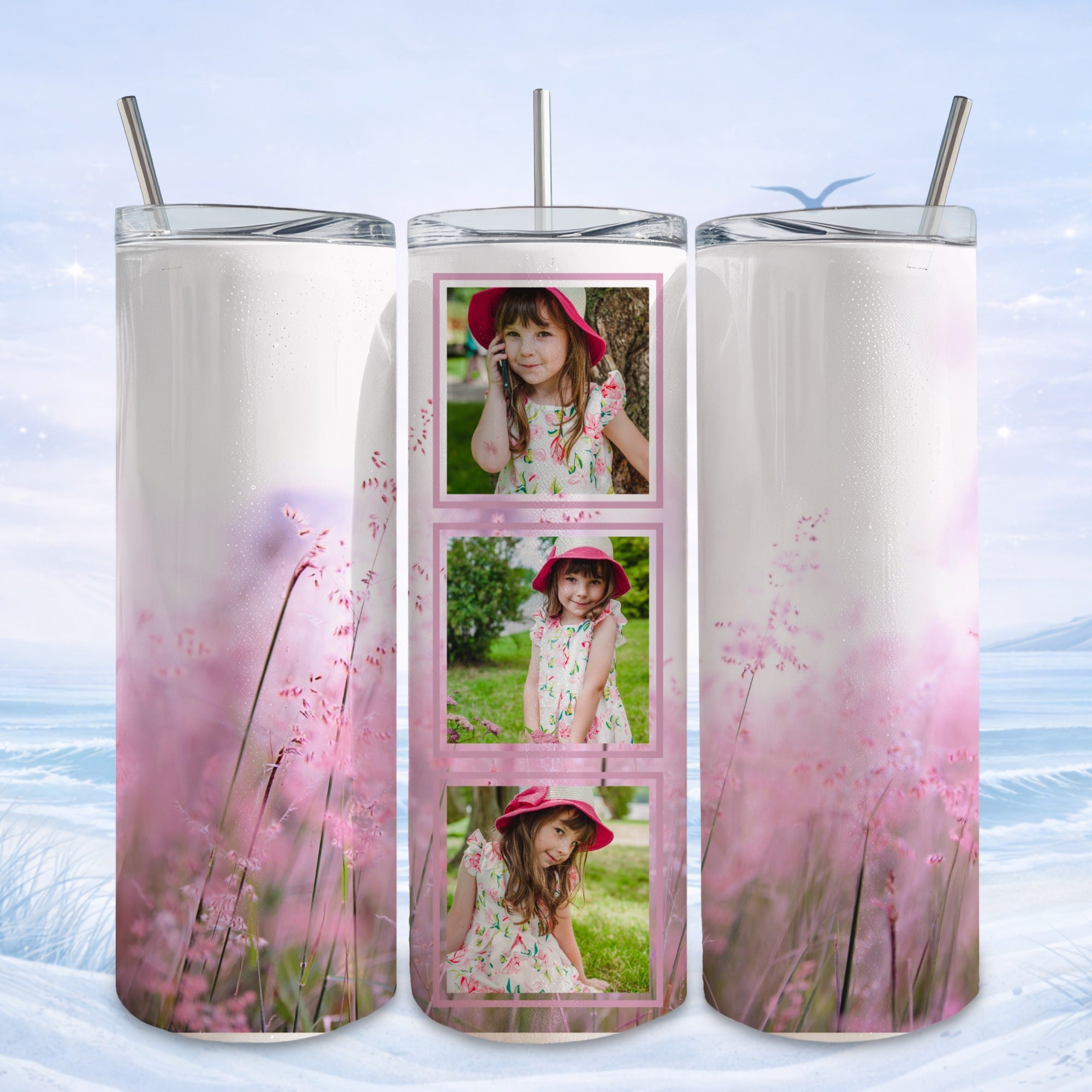 Tall tumbler with three stacked photos of a young girl in a floral dress.