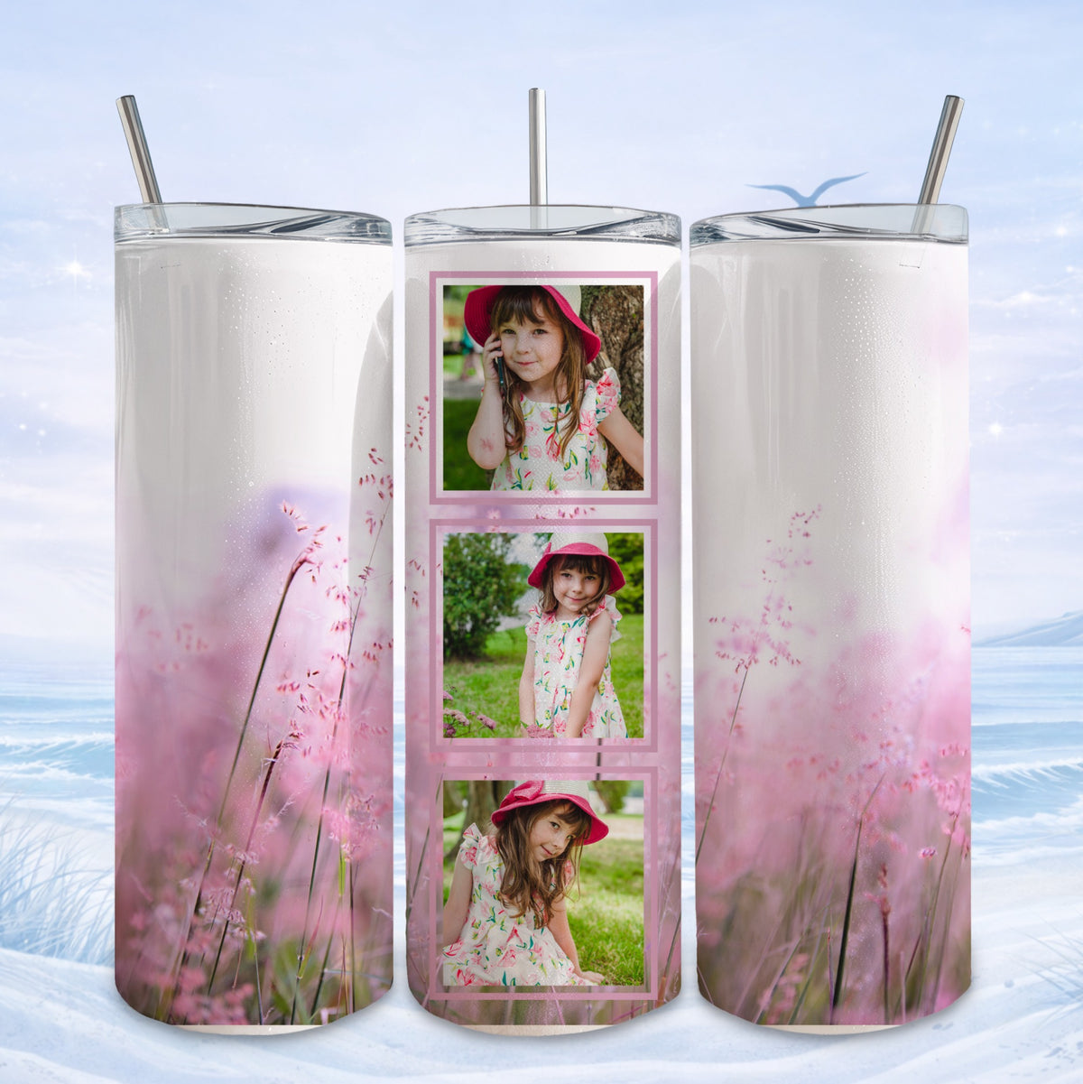 Tall tumbler with three stacked photos of a young girl in a floral dress.