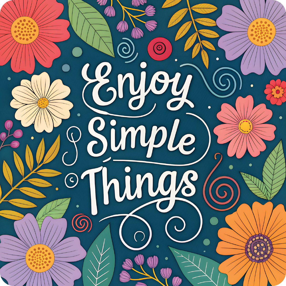 "Enjoy Simple Things" text with colorful floral border on dark background.