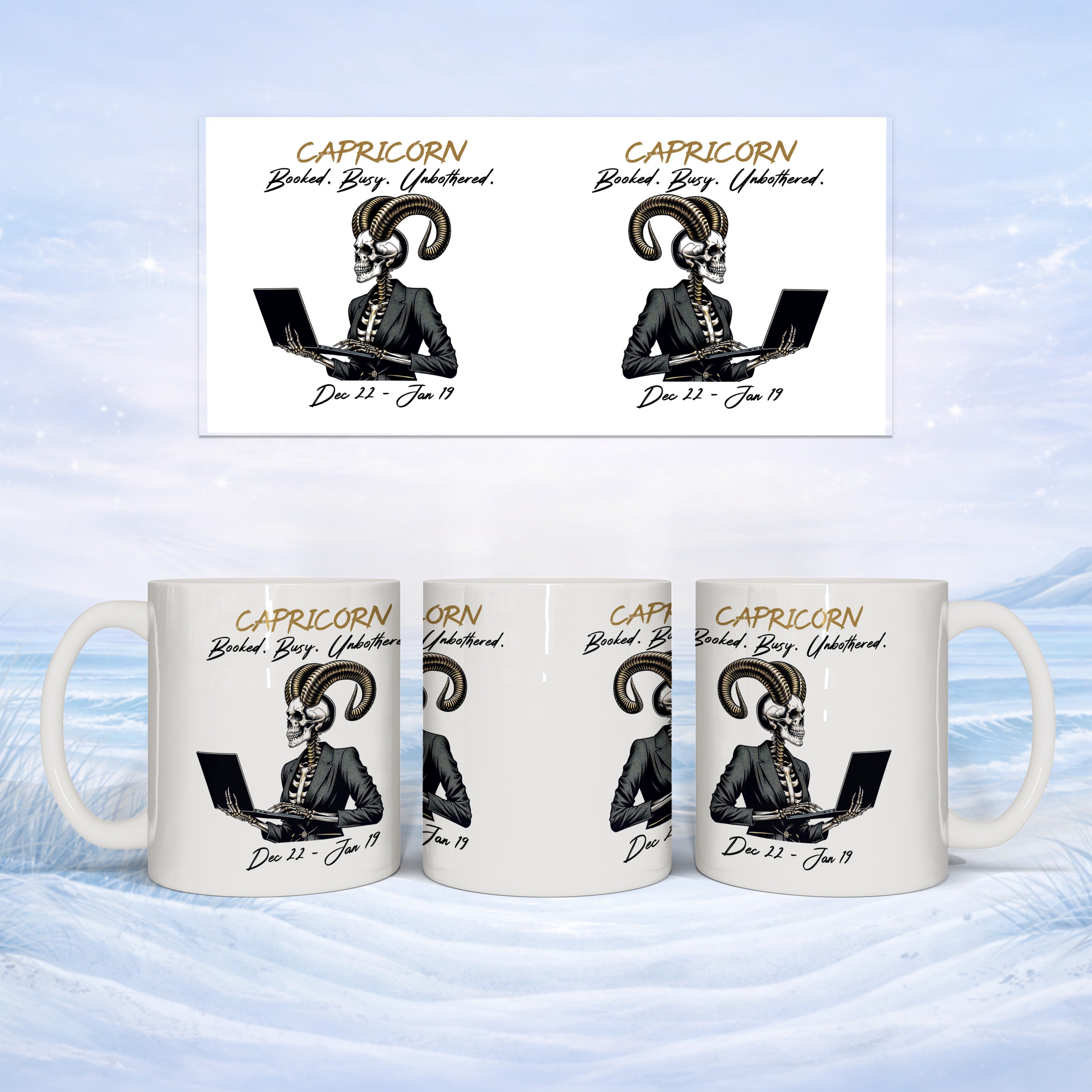 Capricorn zodiac design with skeleton at laptop, on white mug.