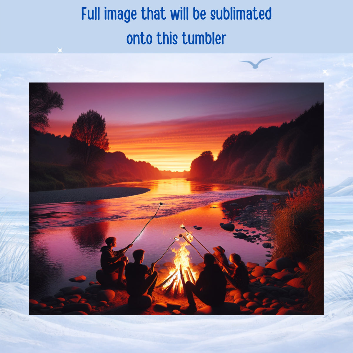 Campfire scene with people roasting marshmallows by a river at sunset.