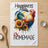 Tea towel with "Happiness is homemade" text, rooster, and sunflowers.