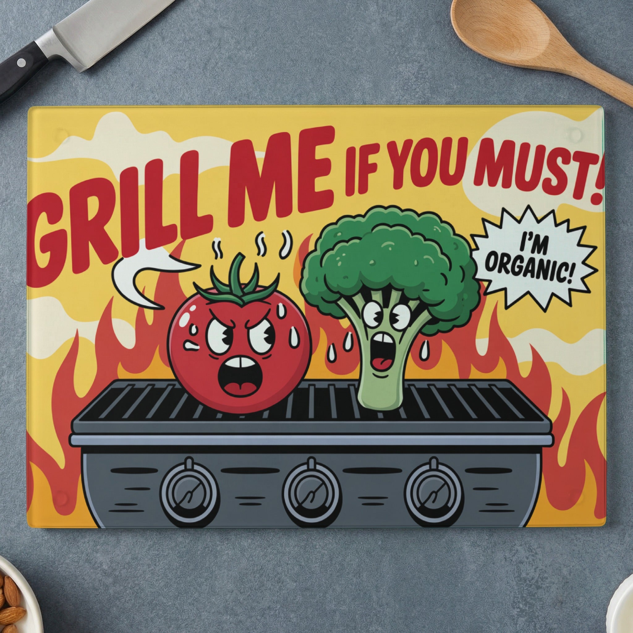 Cartoon tomato and broccoli characters scared on a grill, with "Grill me if you must! I'm organic!" text.