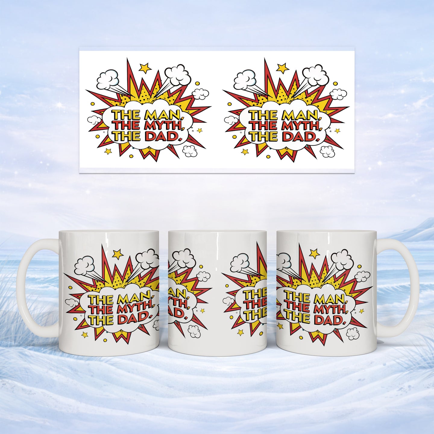Mugs with "The Man, The Myth, The Dad" comic-style text on a snowy background.