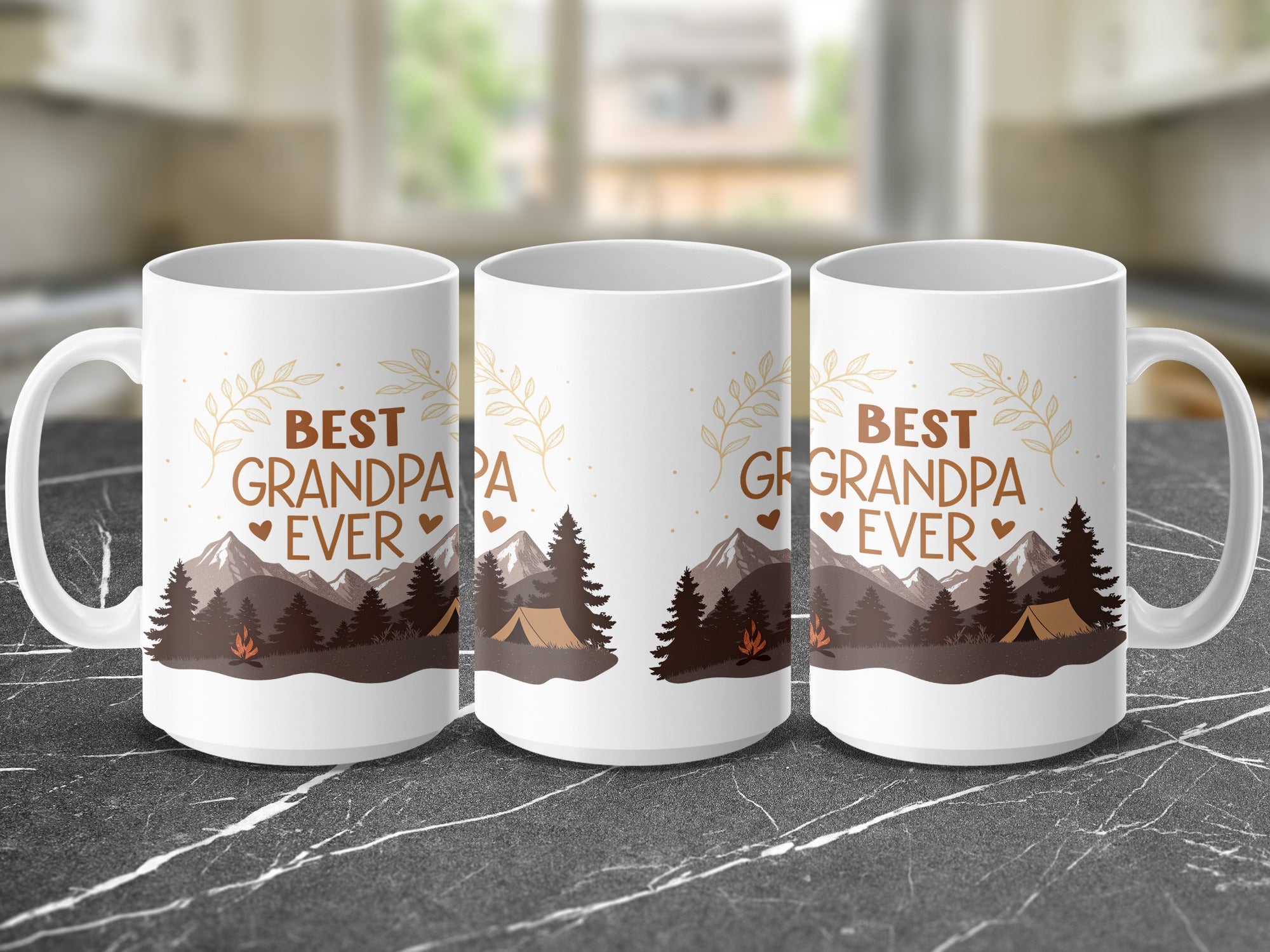 Three white mugs with "Best Grandpa Ever" and mountain graphic.