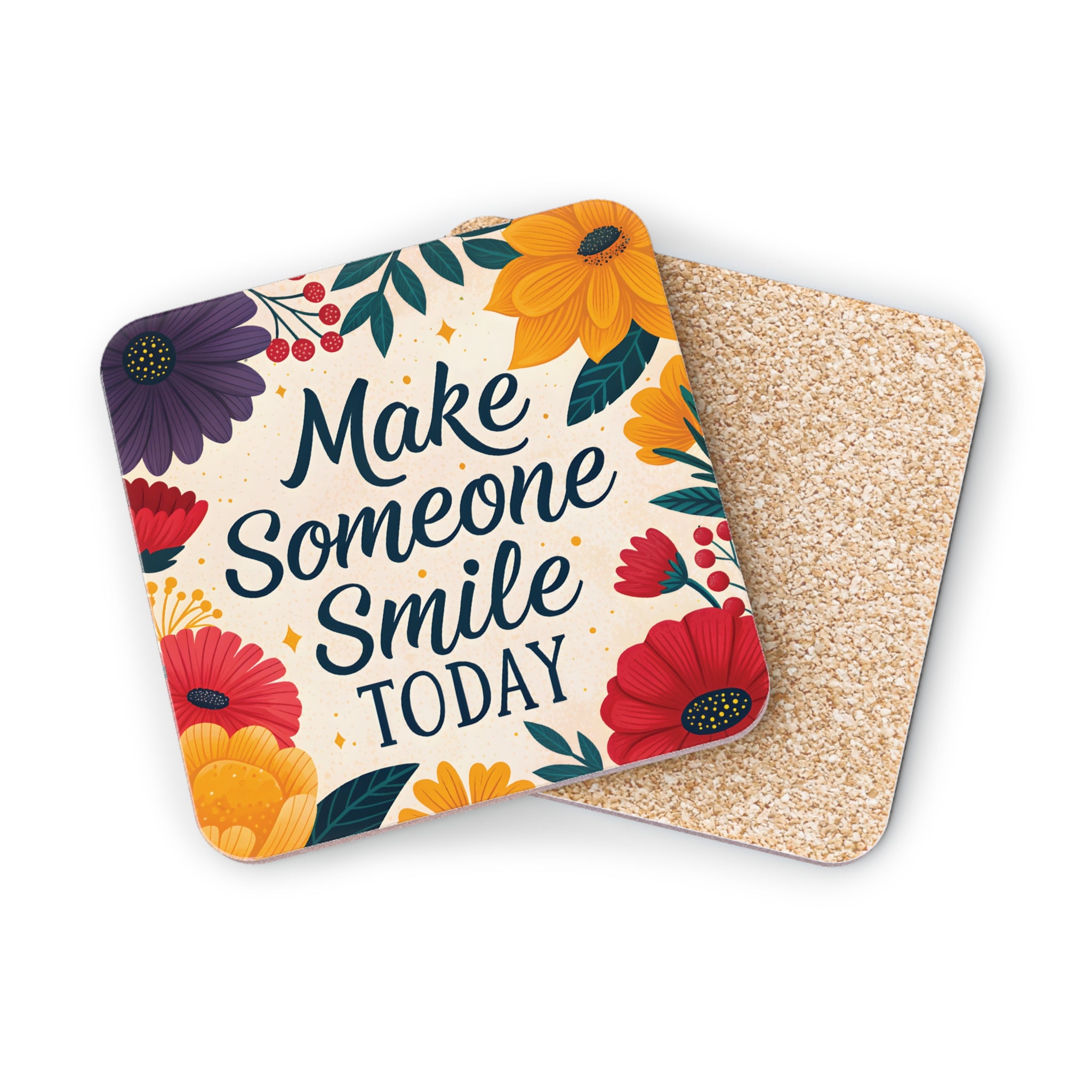 Coasters with "Make Someone Smile Today" text and floral designs.