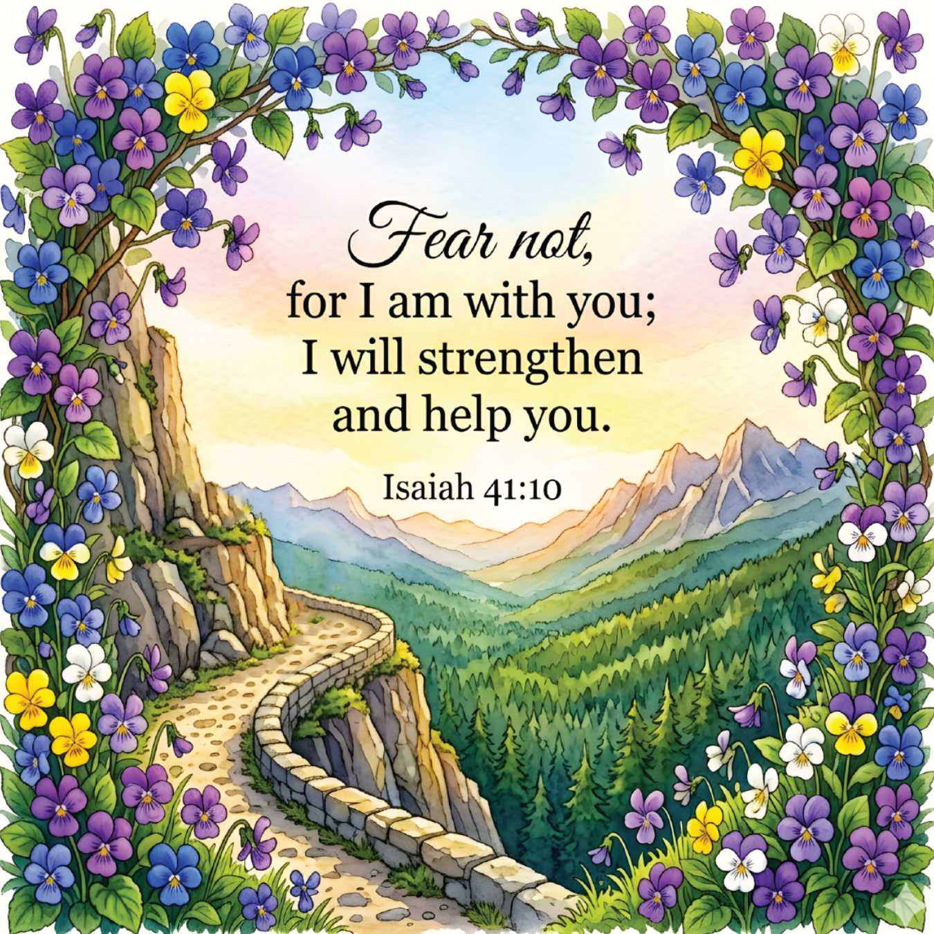 Floral border frames path winding up mountain with Bible verse Isaiah 41:10.