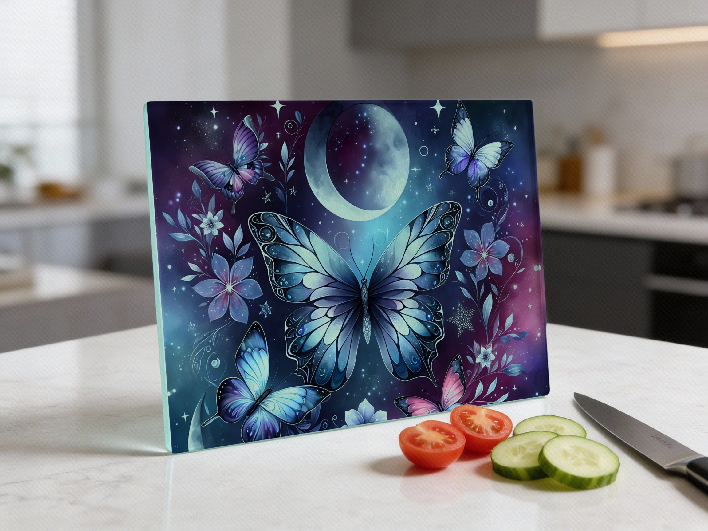 Butterfly and celestial design on a purple cutting board with tomatoes and cucumber.