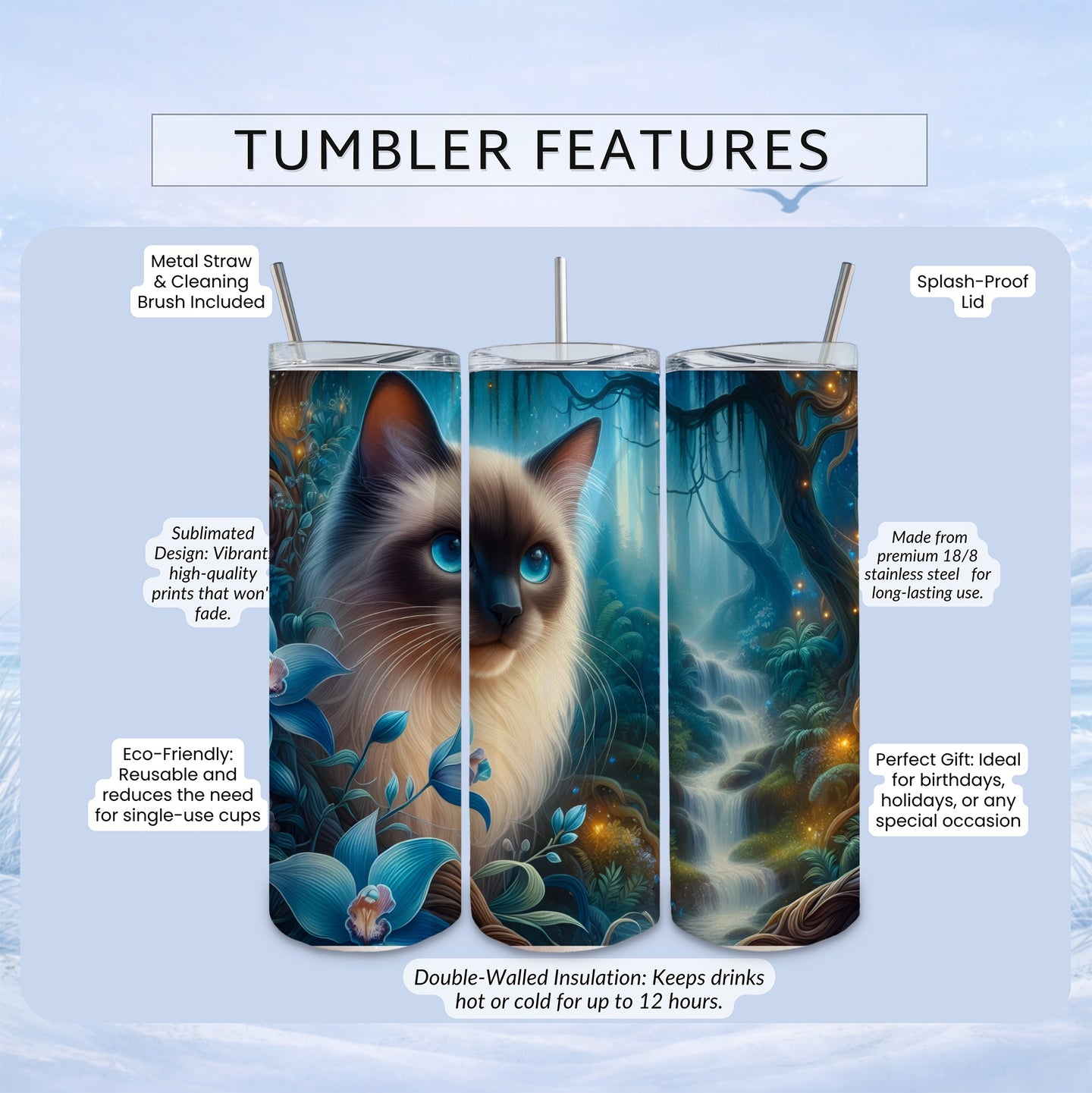Vibrant cat art tumbler with double-walled insulation and eco-friendly design.