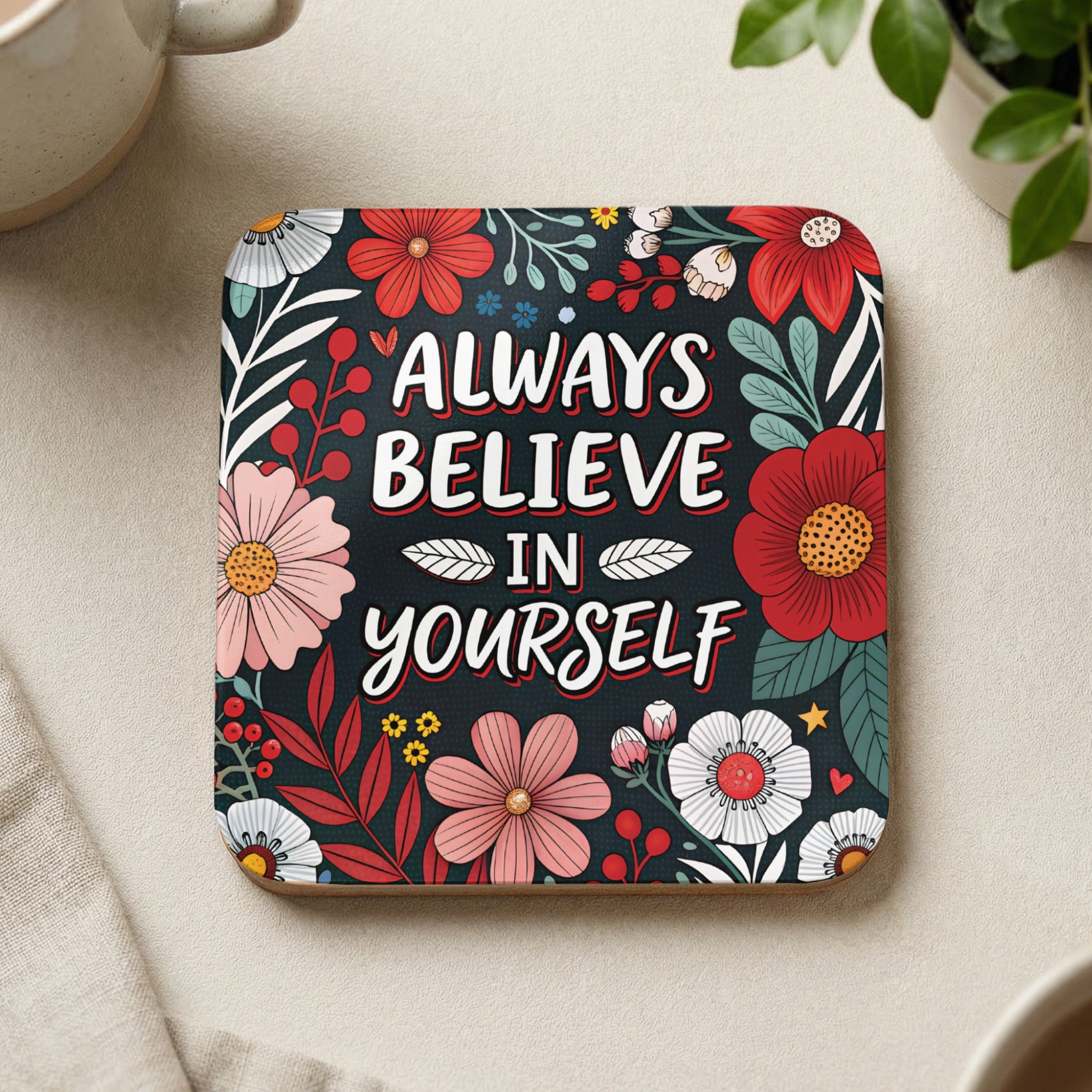 Square coaster with "Always Believe in Yourself" in colorful floral design.