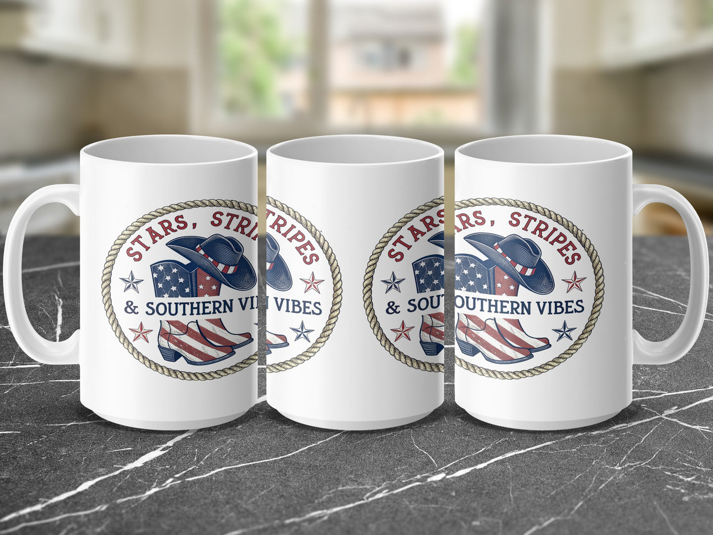 Three mugs with "Stars, Stripes & Southern Vibes" and patriotic motifs.