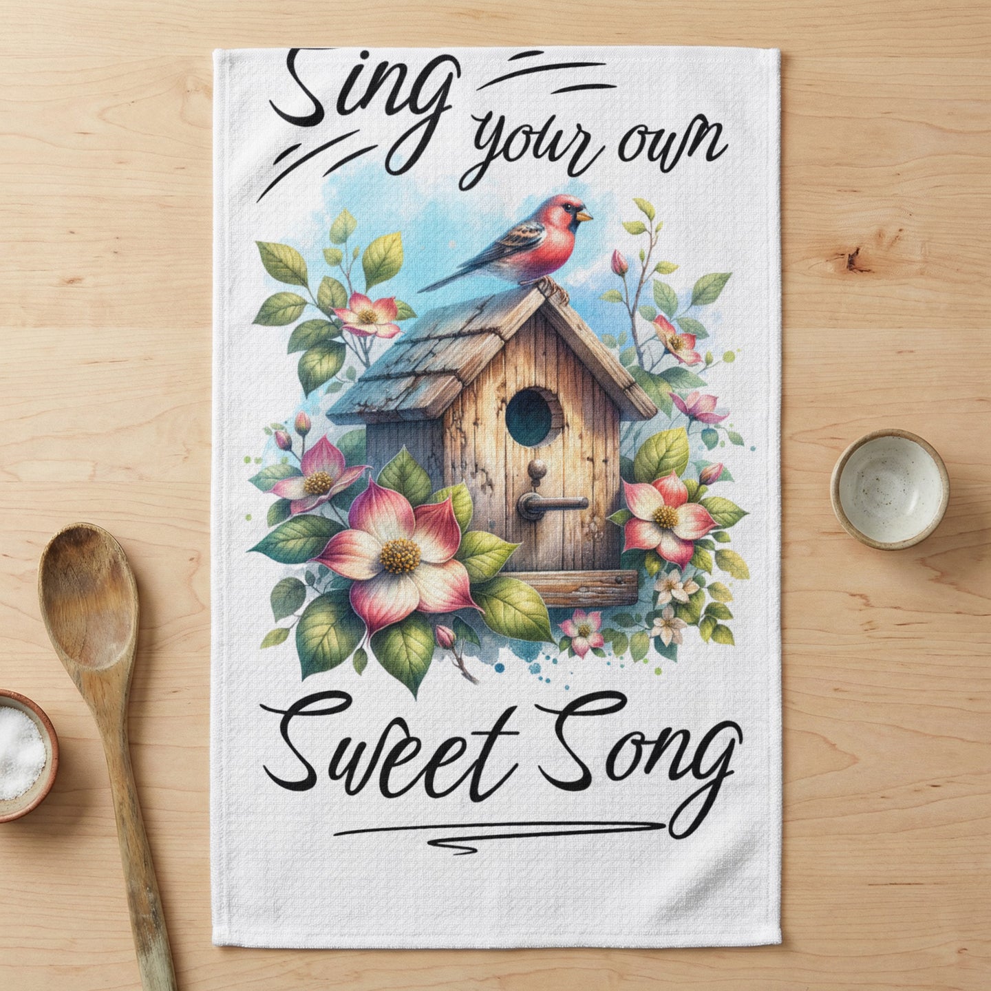 Birdhouse with robin and flowers, text "Sing your own Sweet Song."