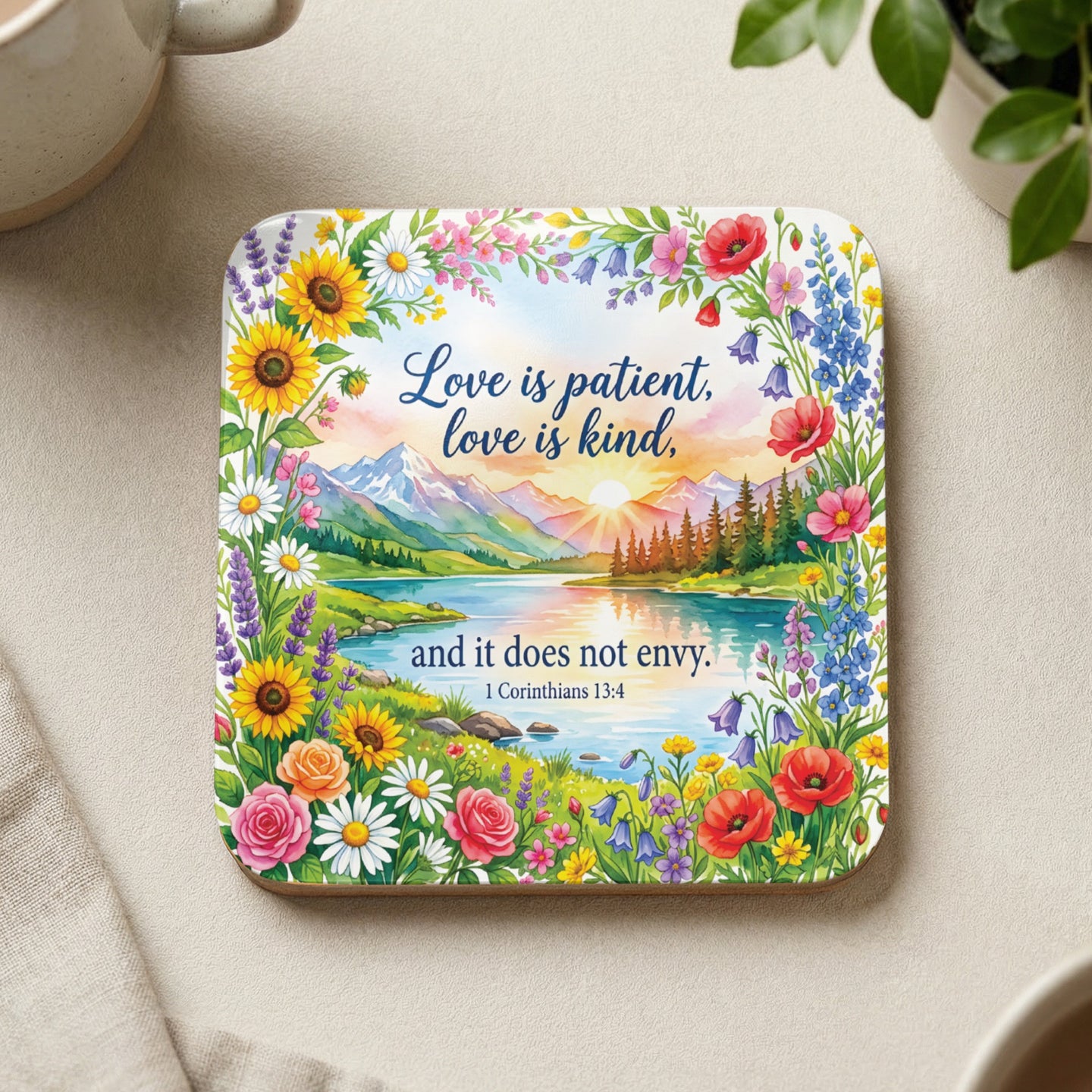 Coaster with floral border, lake, mountains, and inspirational quote.