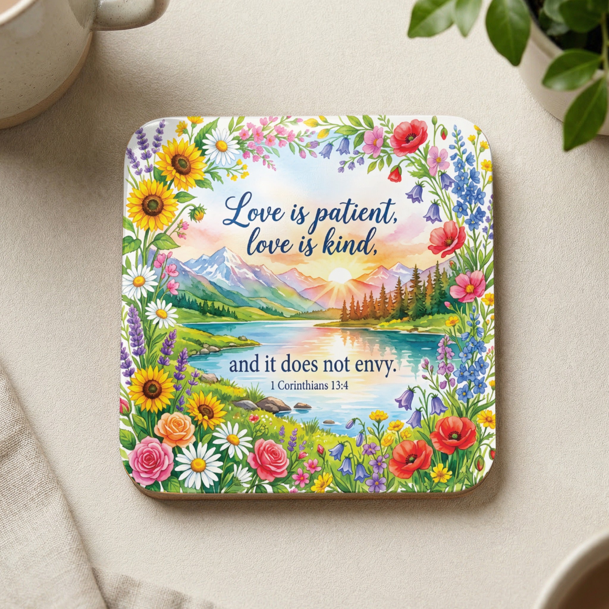 Coaster with floral border, lake, mountains, and inspirational quote.
