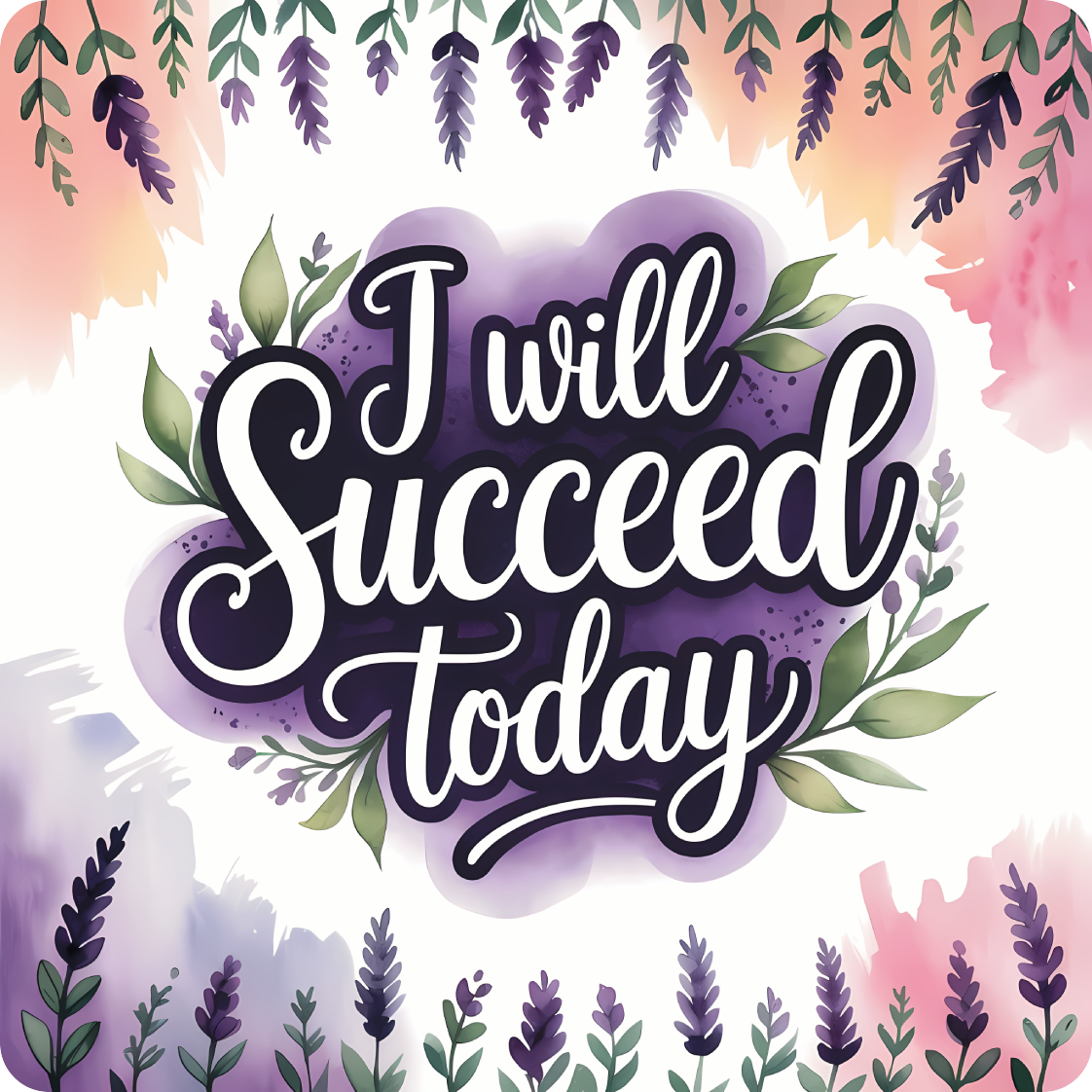 "I will succeed today" text surrounded by floral lavender and watercolor accents.
