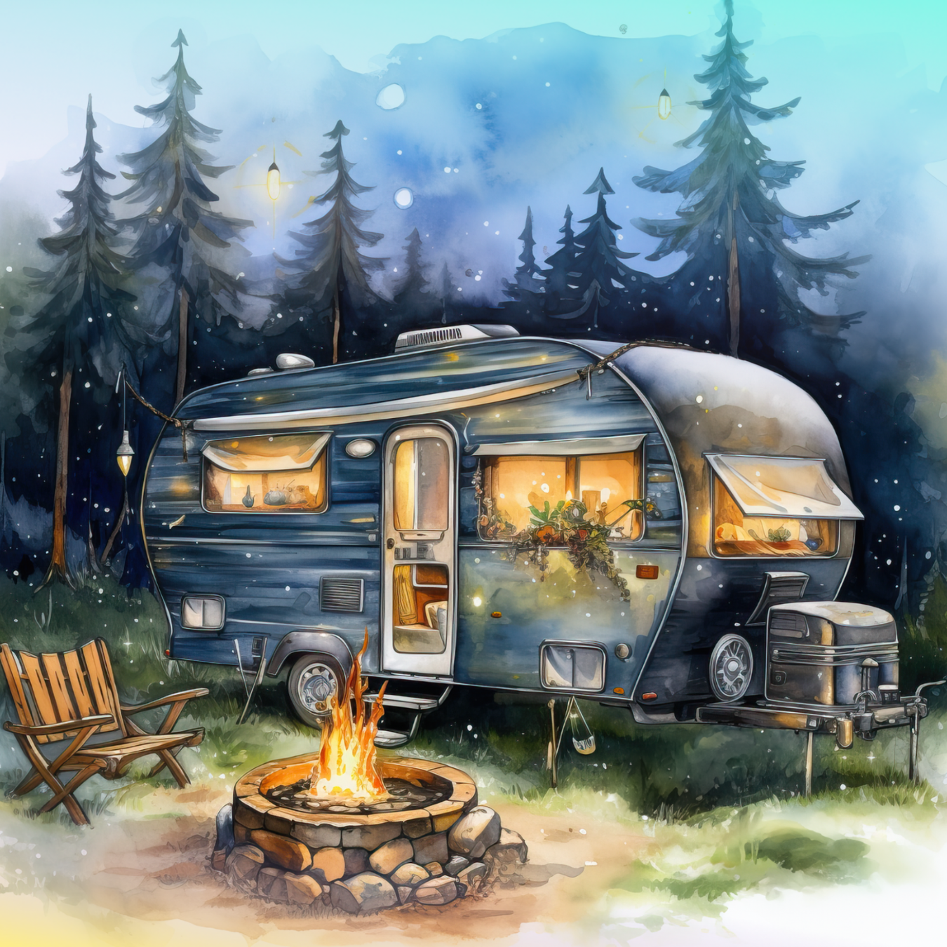 Cozy camper trailer with campfire and Adirondack chair in a forest clearing.
