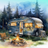 Cozy camper trailer with campfire and Adirondack chair in a forest clearing.
