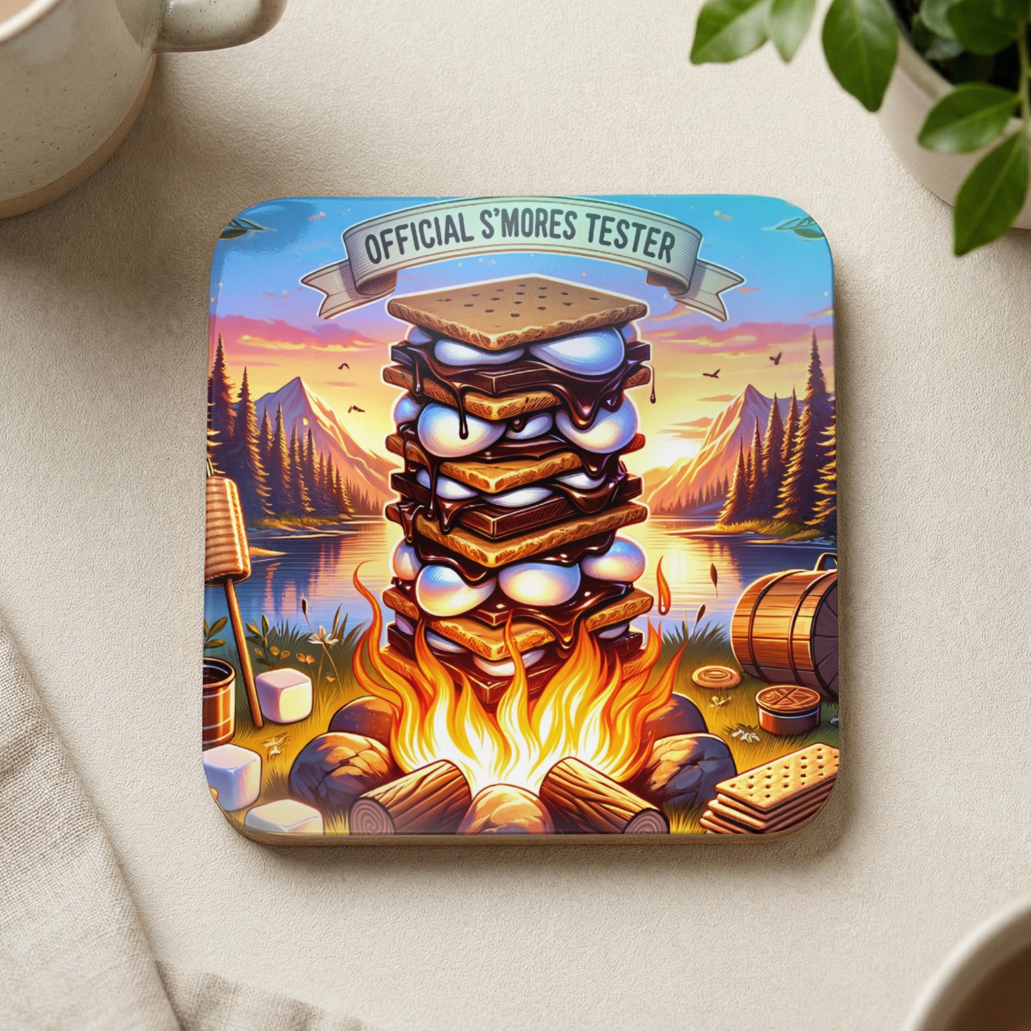 S'mores tower over campfire with text "Official S'mores Tester".
