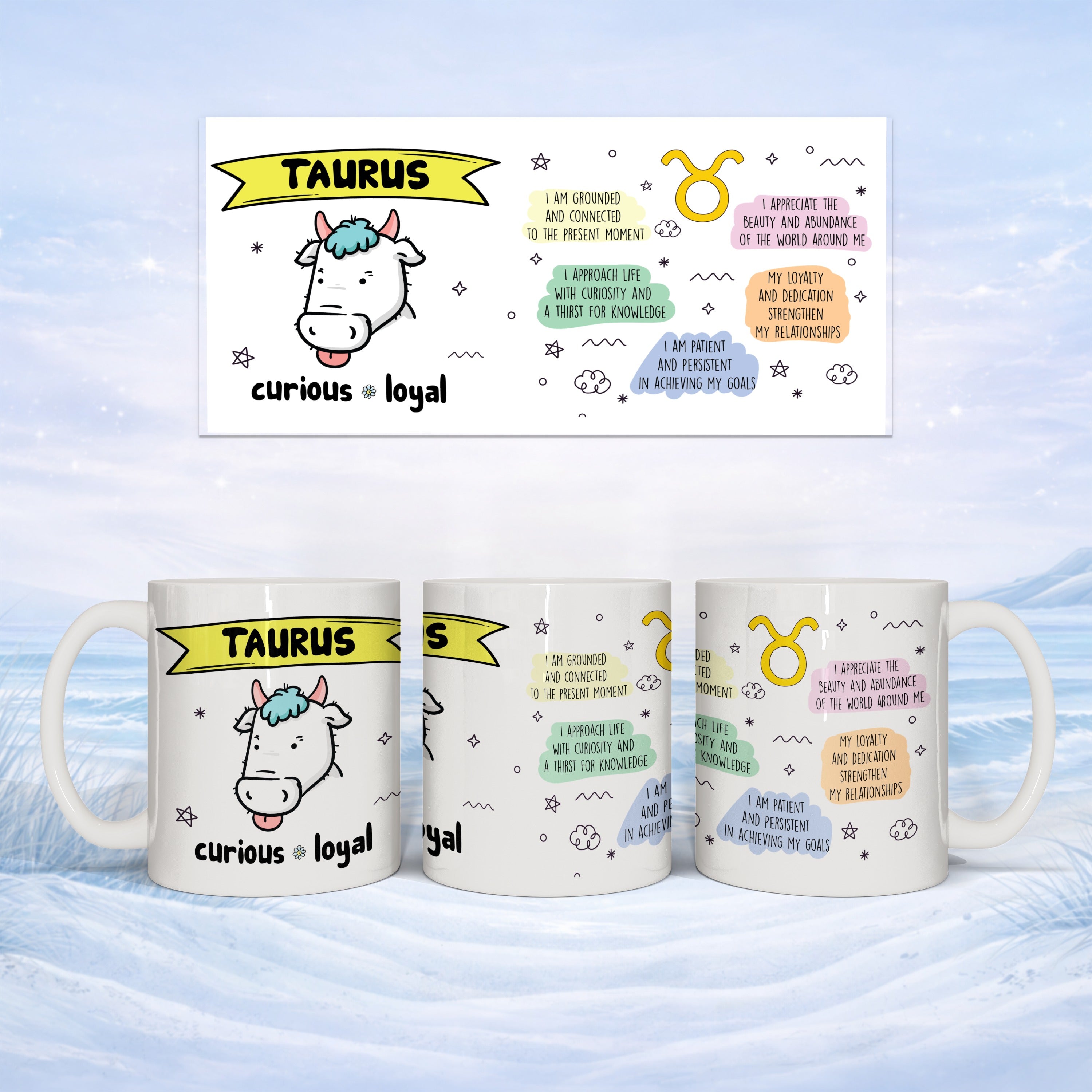 Taurus constellation mugs with "curious" and "loyal" text and astrological descriptions.