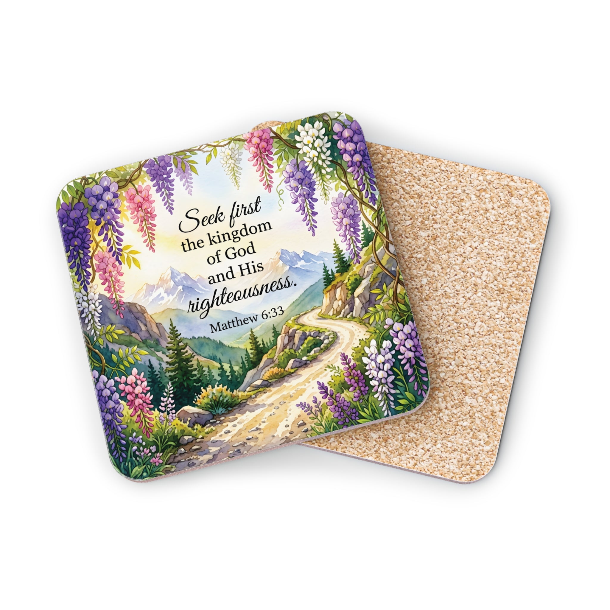 Coasters with wisteria, mountains, and Bible verse Matthew 6:33.