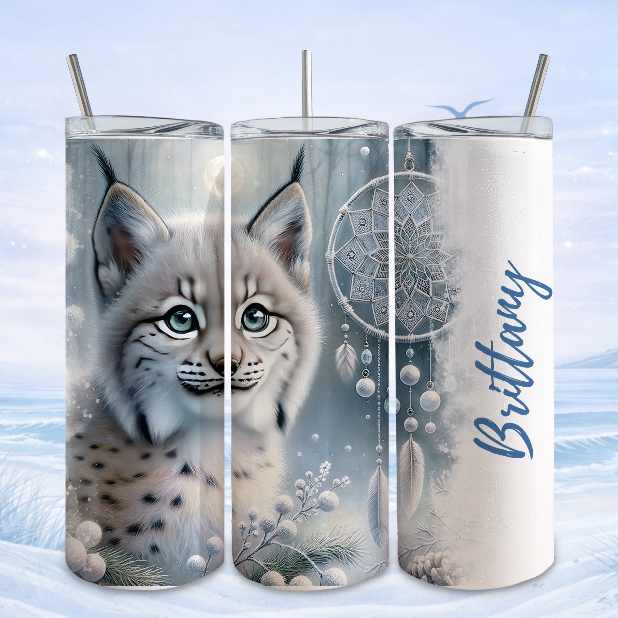 Lynx on snow with dreamcatcher, personalized Brittany tumbler.