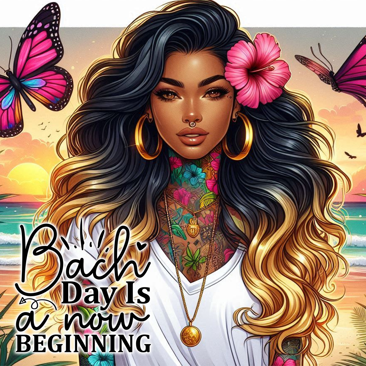 Tattooed woman with butterflies and sunset, "Bach day is a new beginning".
