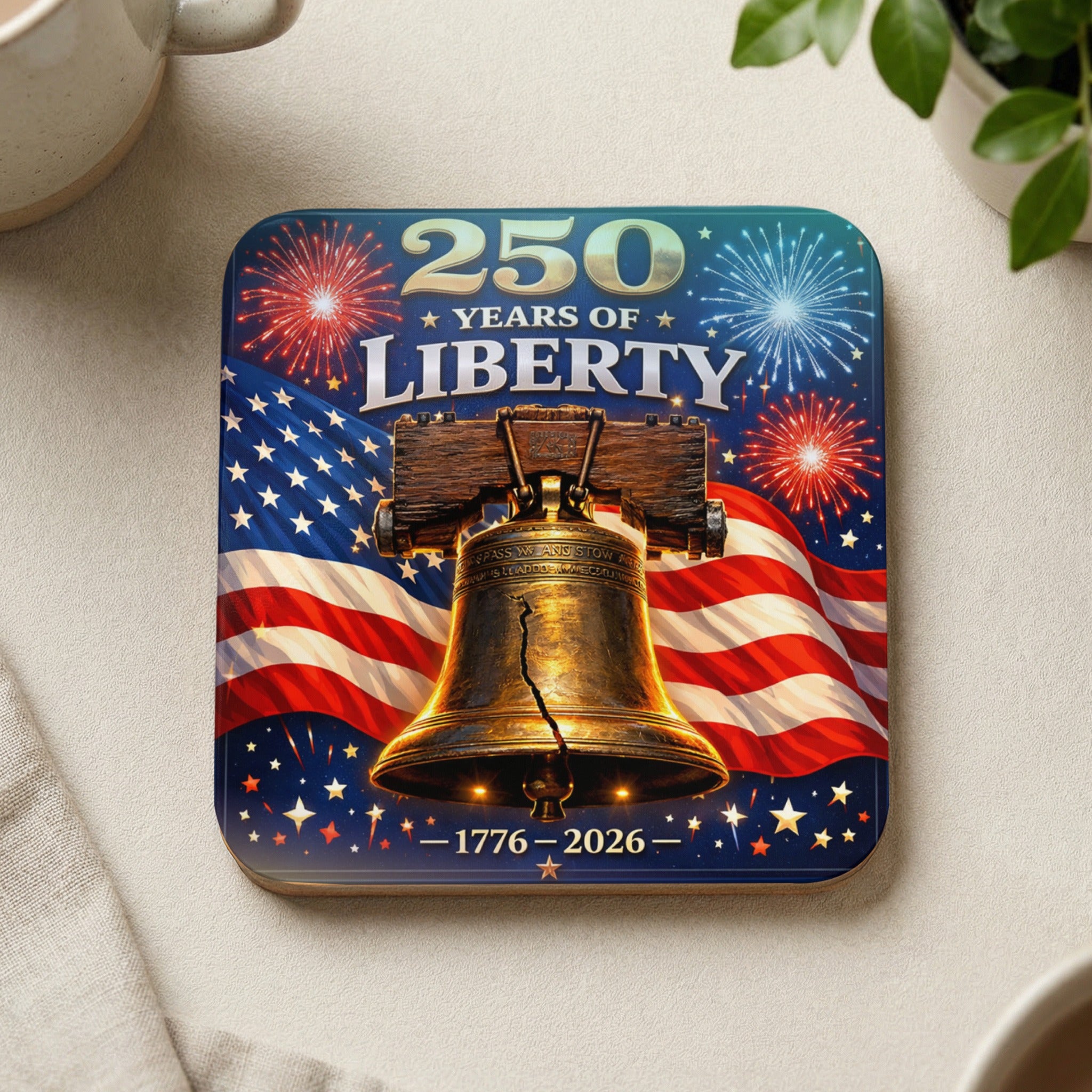 Liberty Bell with American flag and fireworks, "250 Years of Liberty 1776-2026".