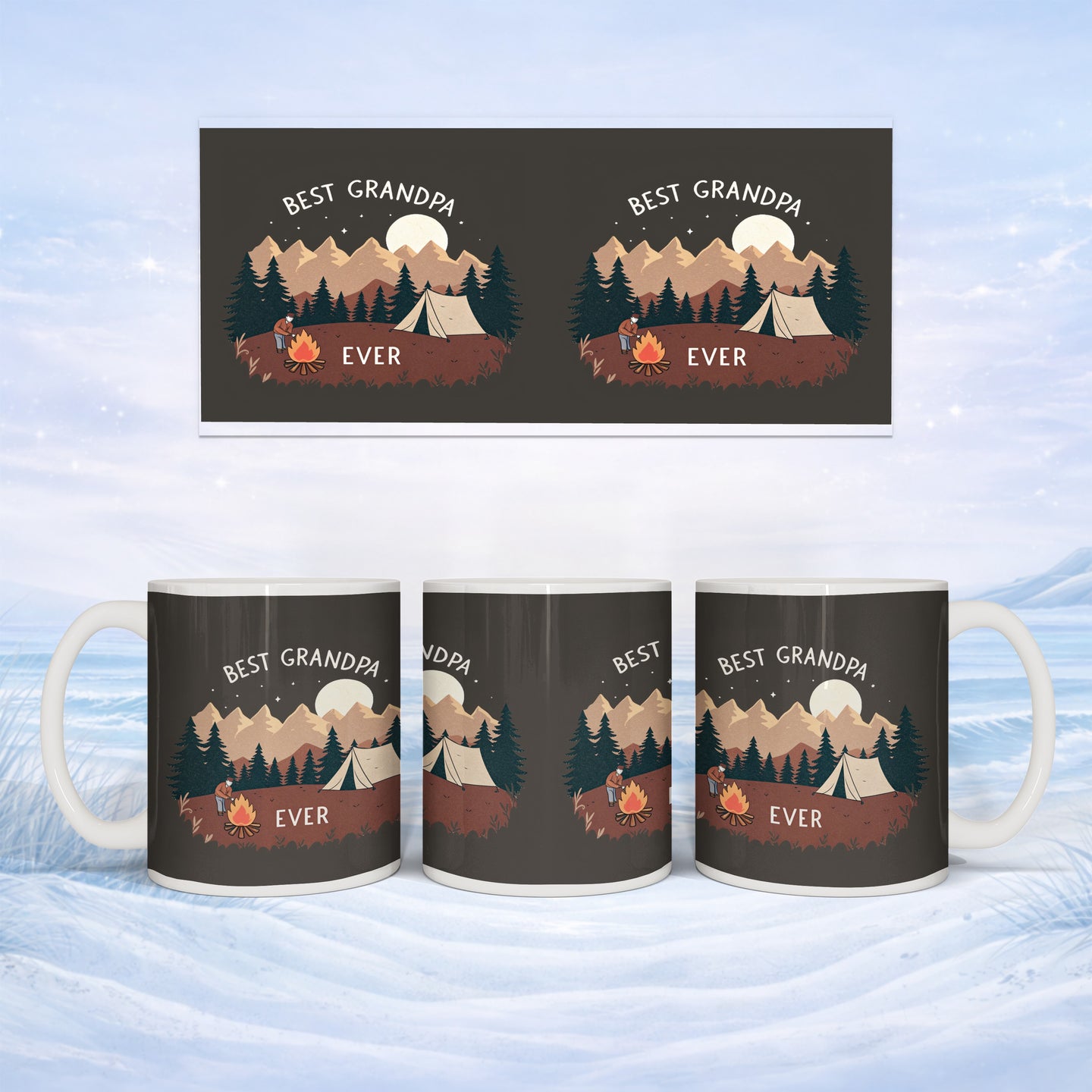 Mug with "BEST GRANDPA EVER" and camping scene, set against a snowy background.