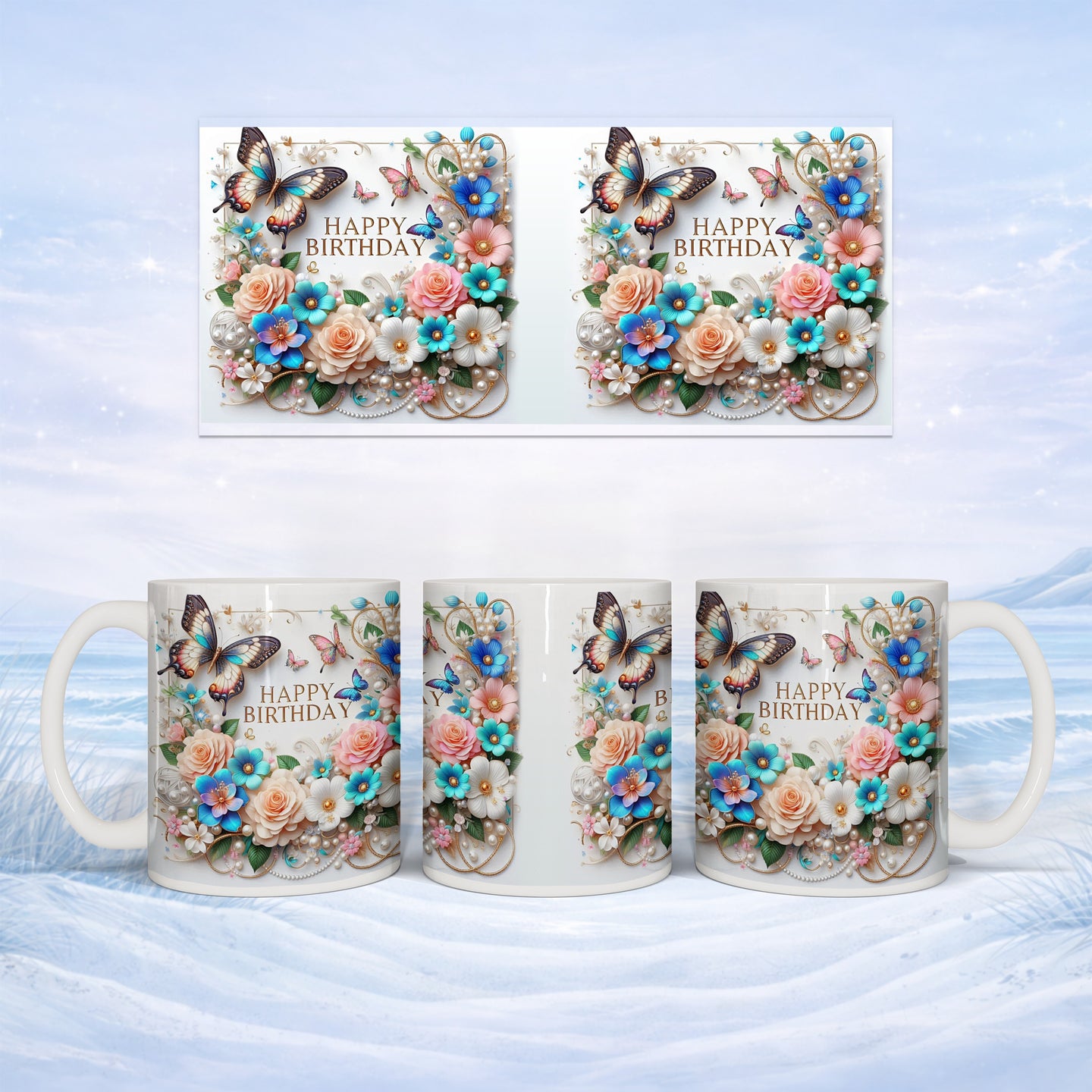 Floral birthday mug with butterflies and "Happy Birthday" text.