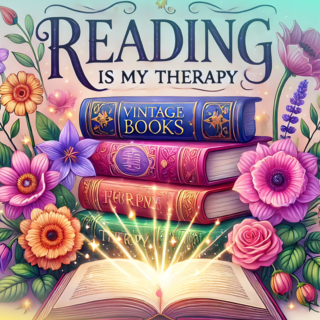 Stack of vintage books with "Reading is my therapy" text and floral accents.