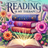 Stack of vintage books with "Reading is my therapy" text and floral accents.