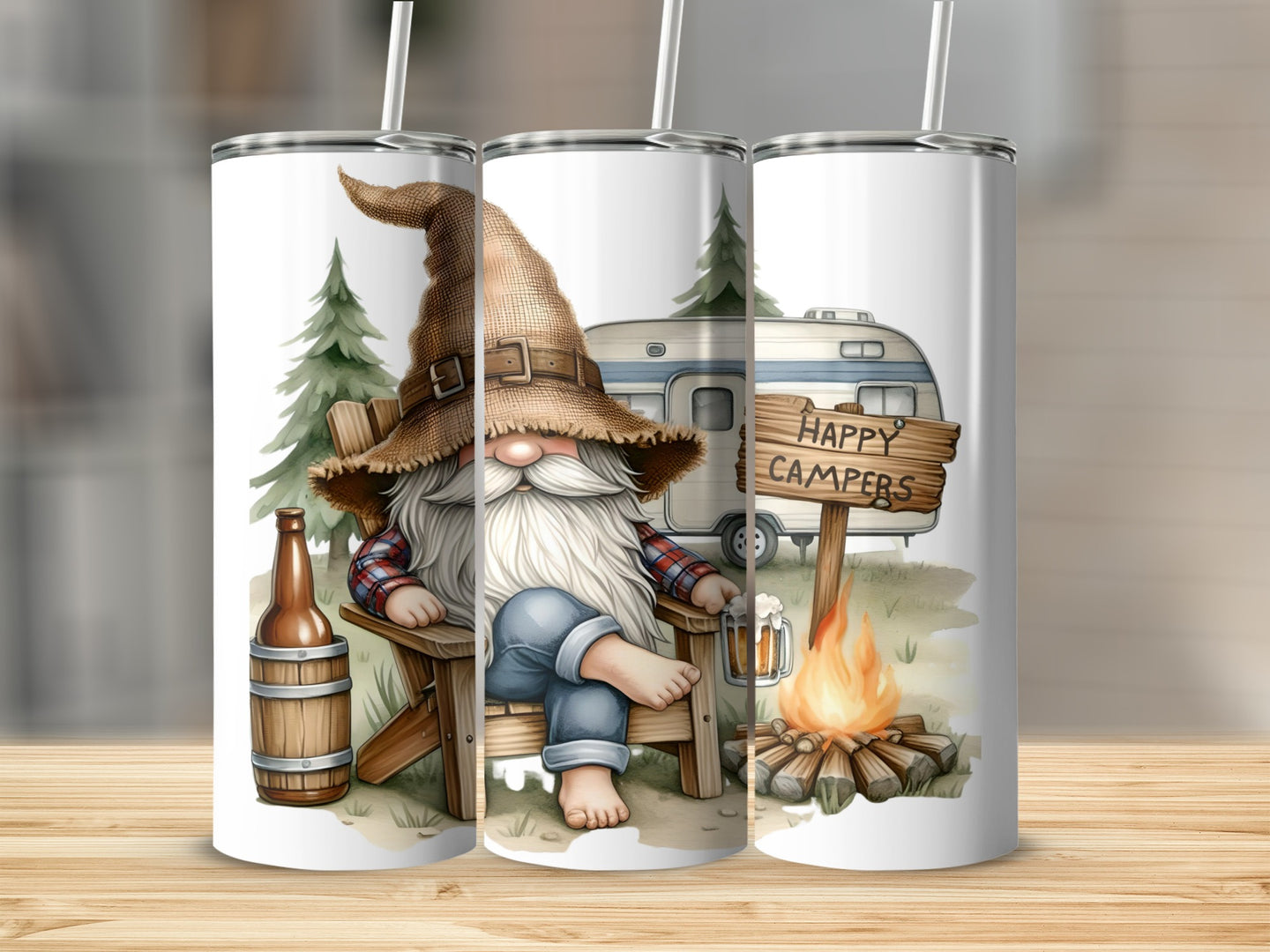 Gnome in a hat sits by a campfire with a beer and "Happy Campers" sign.