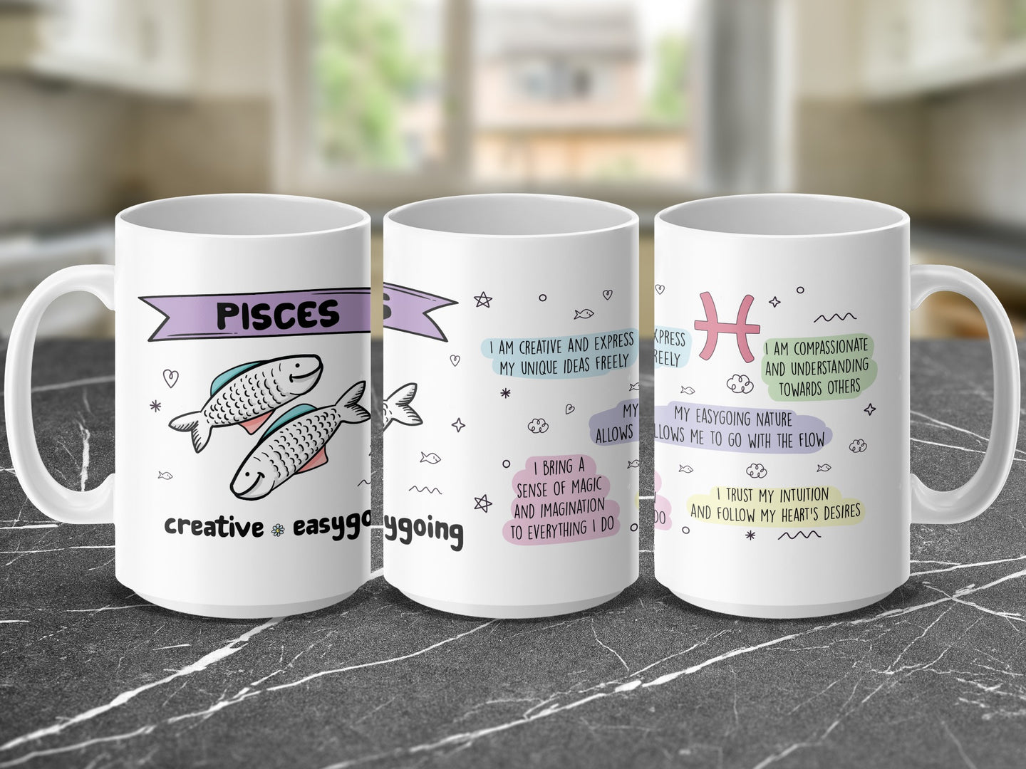 Mug with Pisces zodiac sign, fish, and inspirational text.