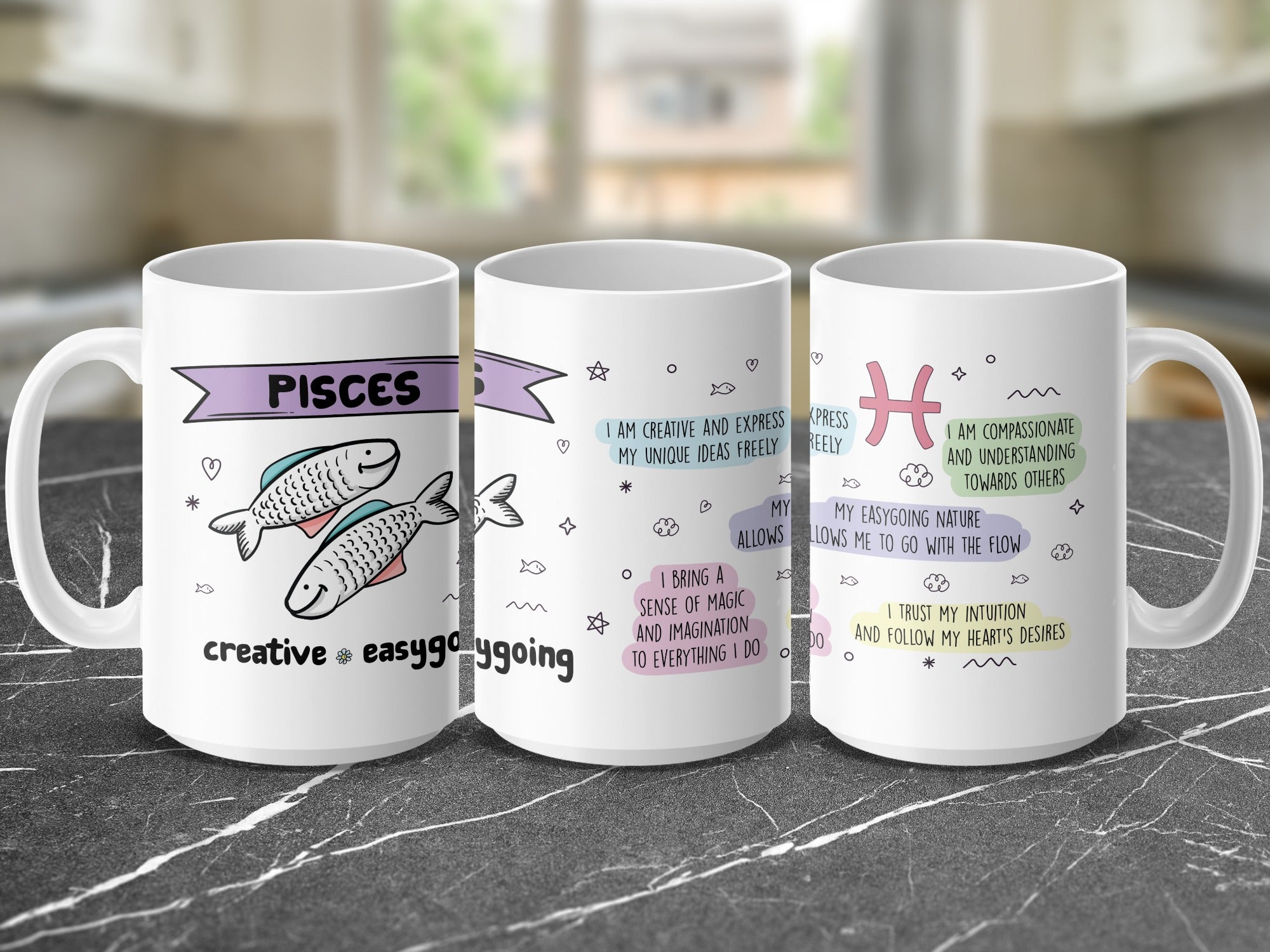 Mug with Pisces zodiac sign, fish, and inspirational text.