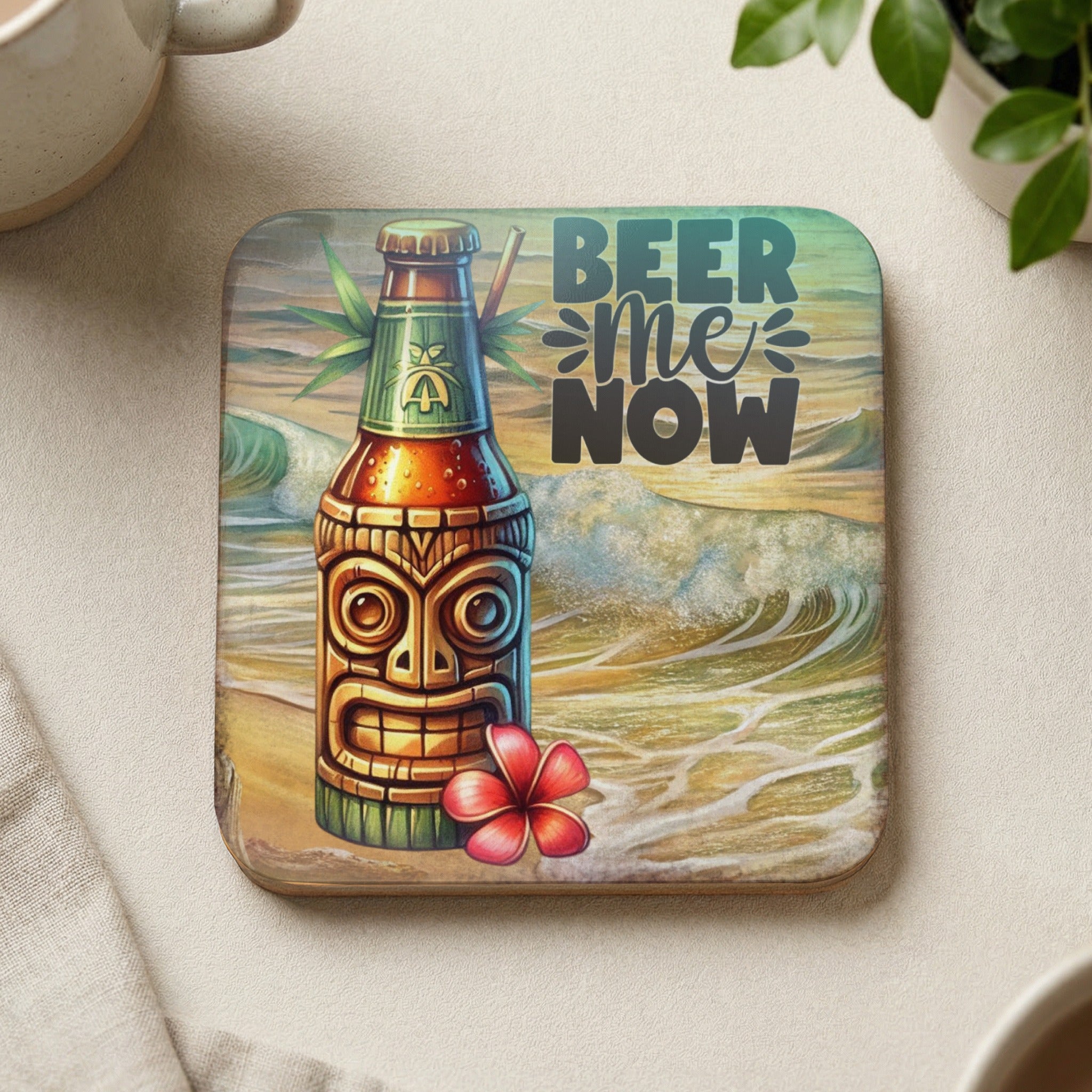 Tiki bottle with "BEER ME NOW" text on beach, waves, and flower.