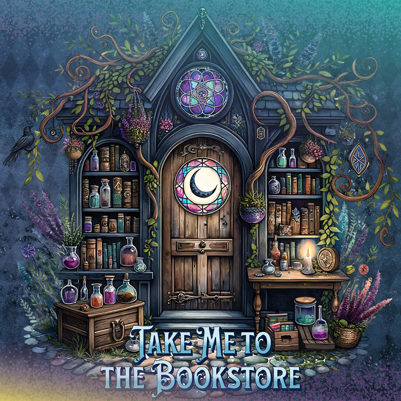 Fantasy bookstore facade with a crescent moon in window and "Take Me to The Bookstore" text.