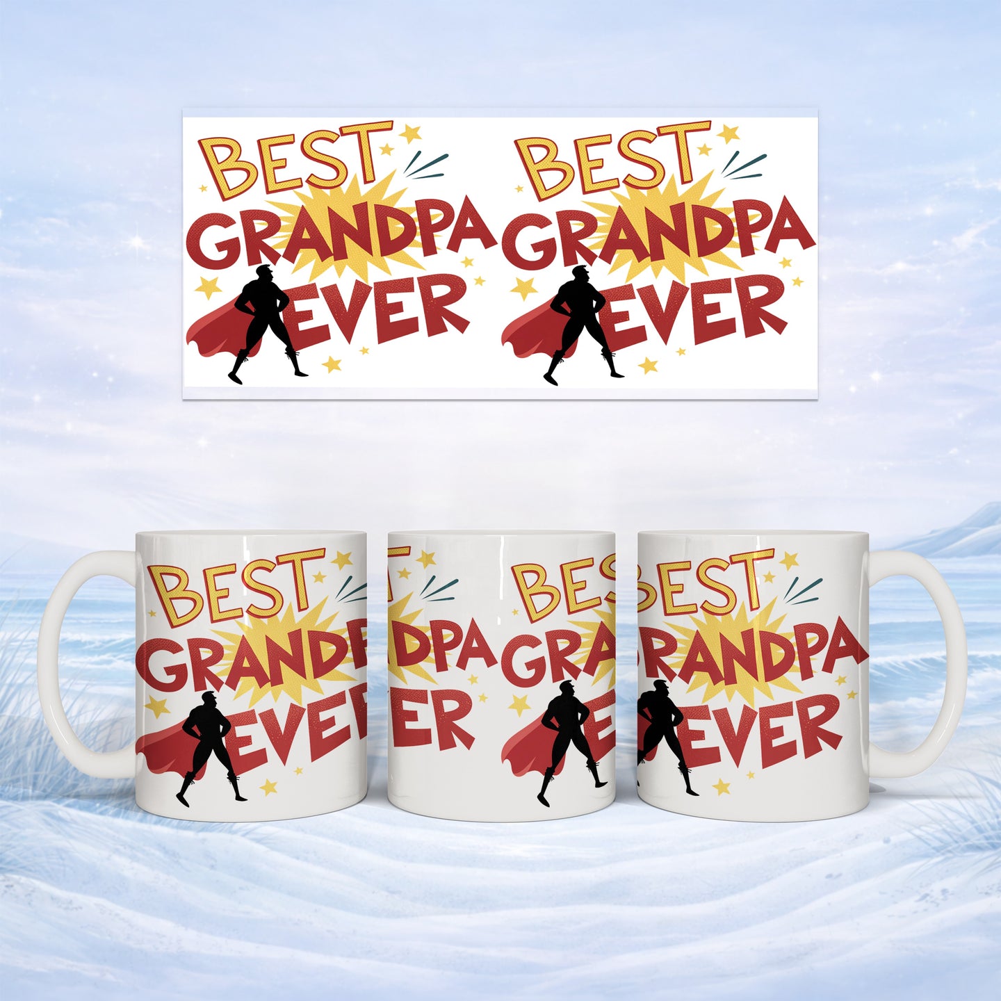 Three white mugs with "BEST GRANDPA EVER" and a superhero graphic.