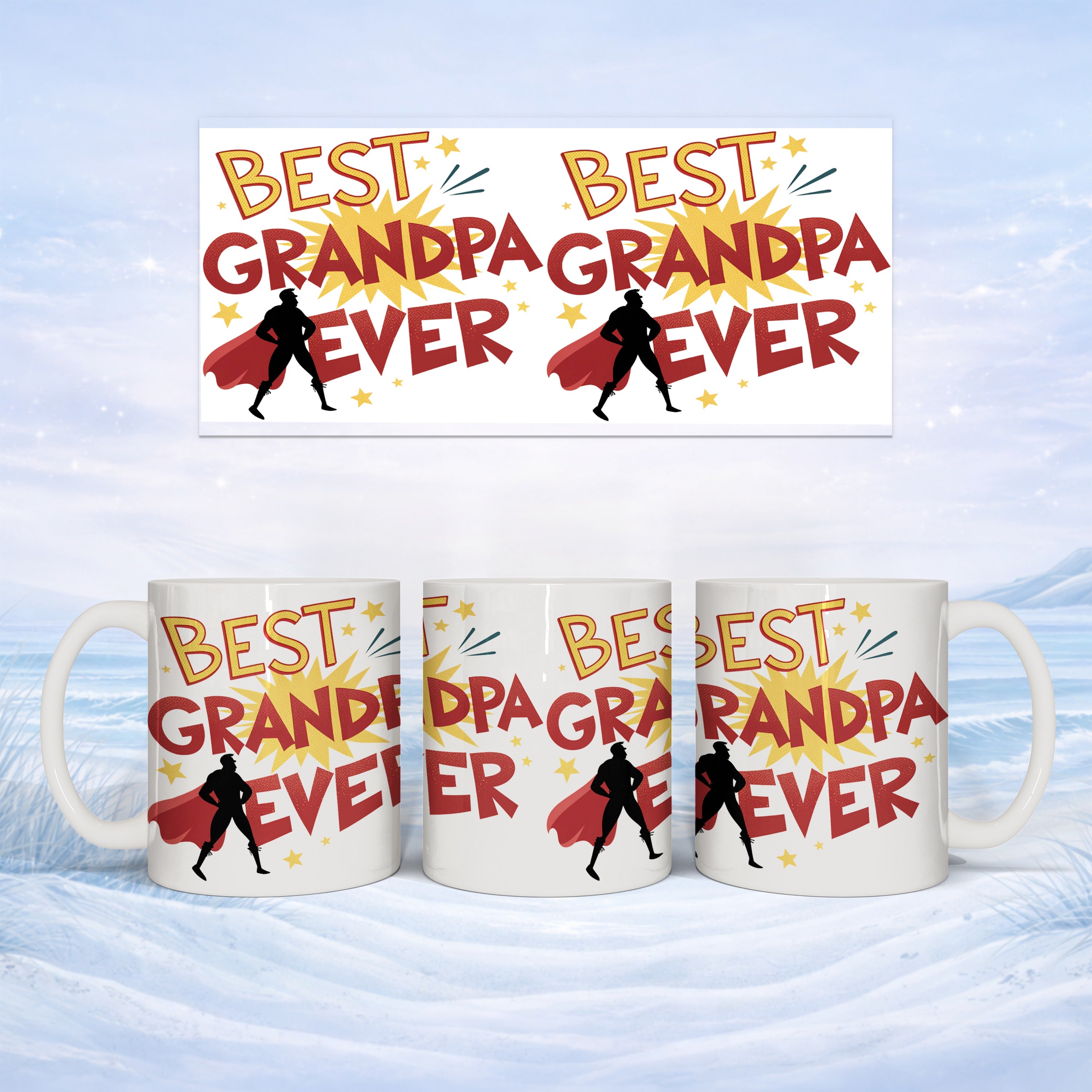 Three white mugs with "BEST GRANDPA EVER" and a superhero graphic.