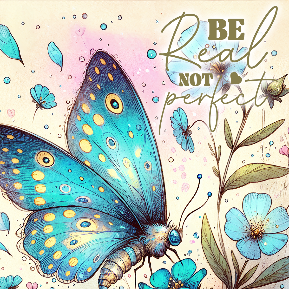 Blue butterfly with yellow spots on flowers, text "Be Real Not Perfect".