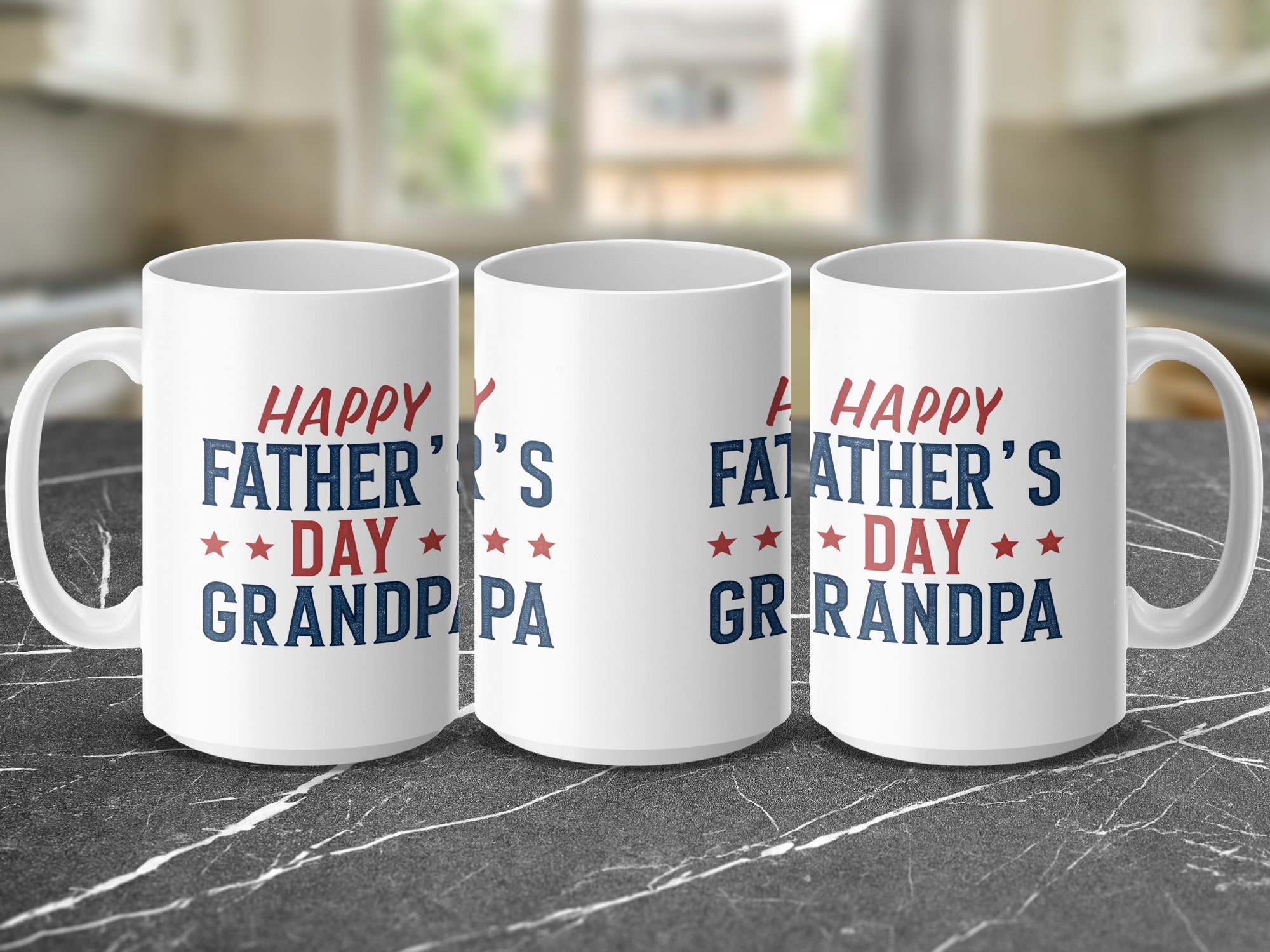 Three white mugs with "Happy Father's Day Grandpa" text and star graphics.