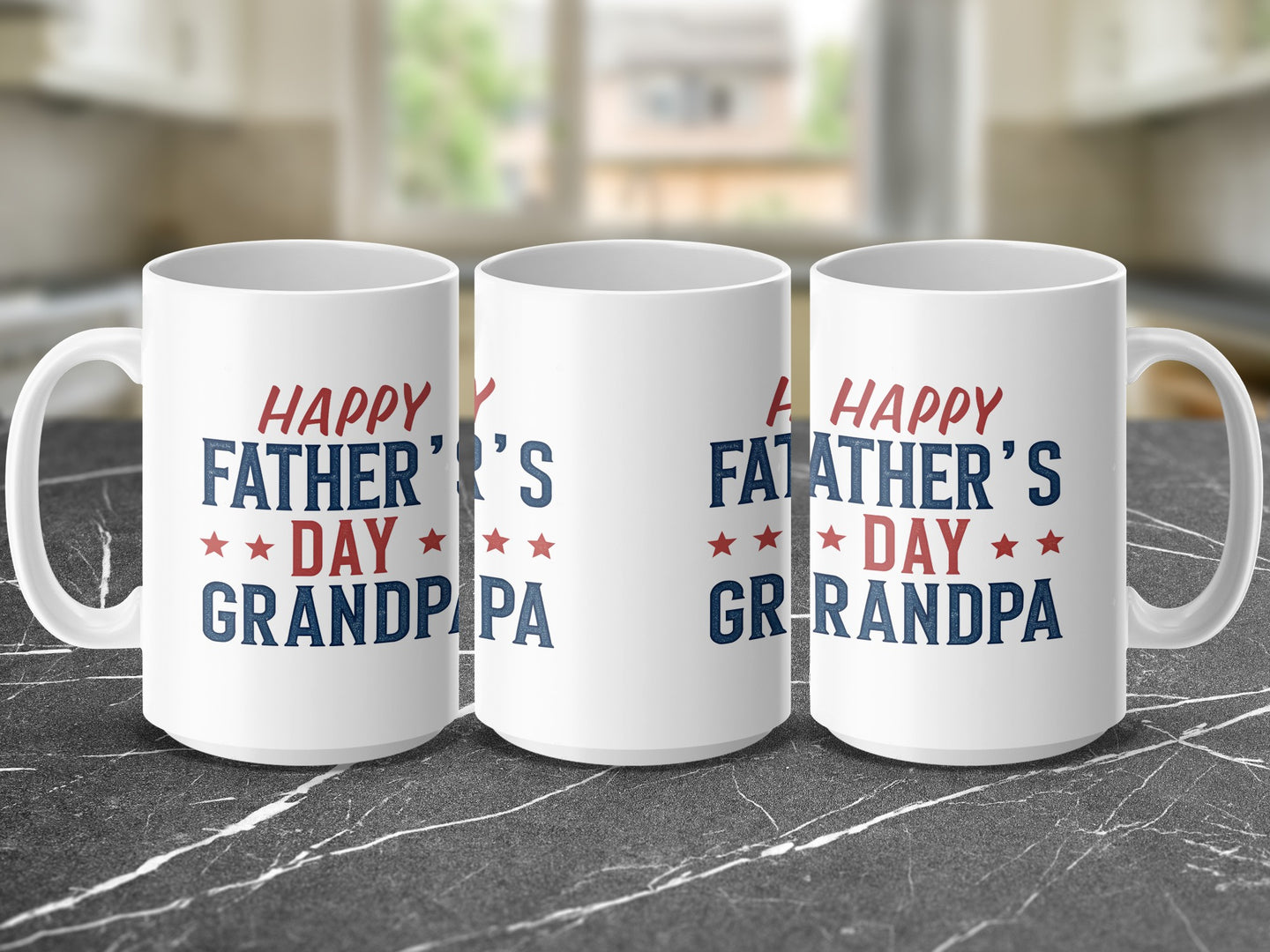 Three white mugs with "Happy Father's Day Grandpa" text and star graphics.