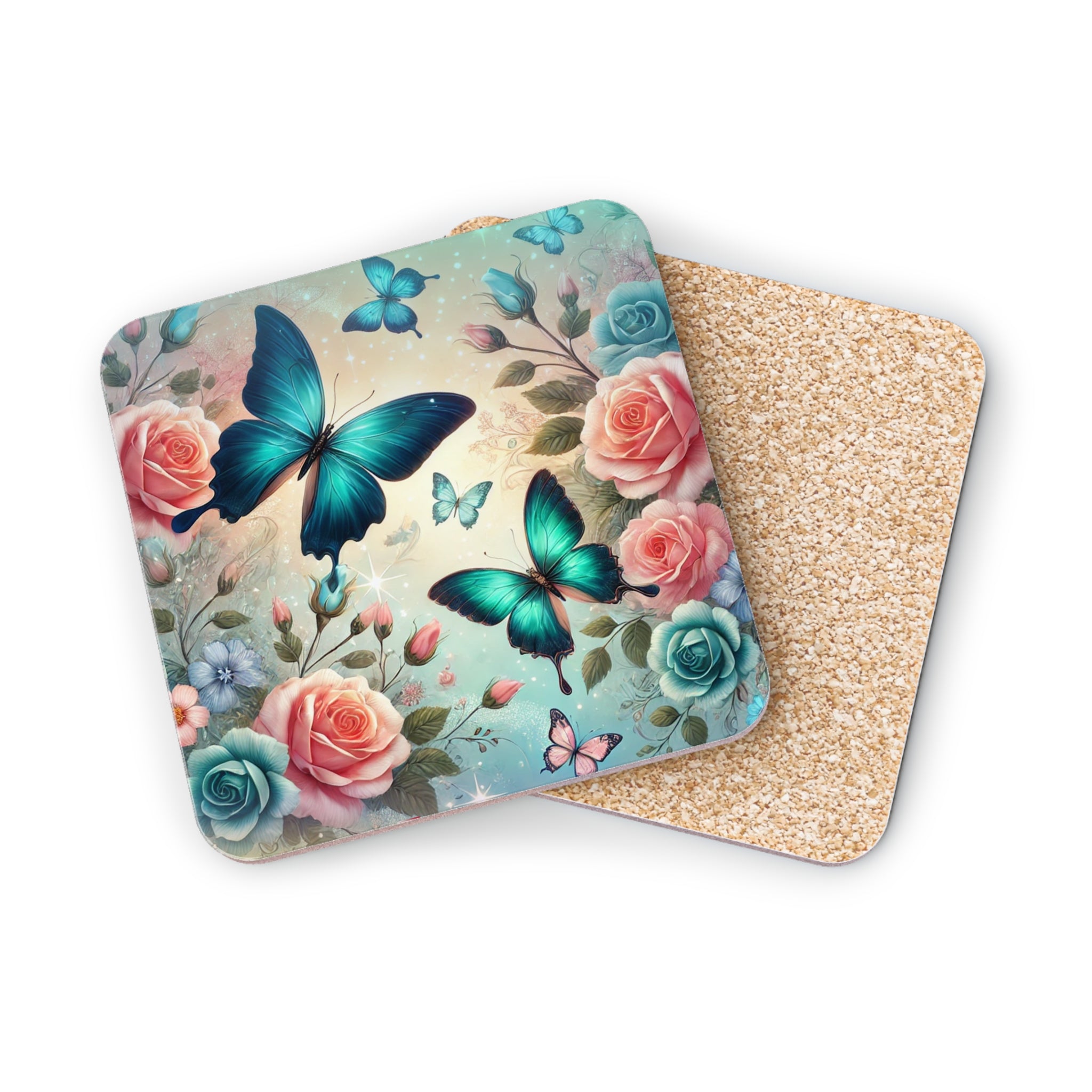 Two square coasters with teal butterflies and pink and blue roses.