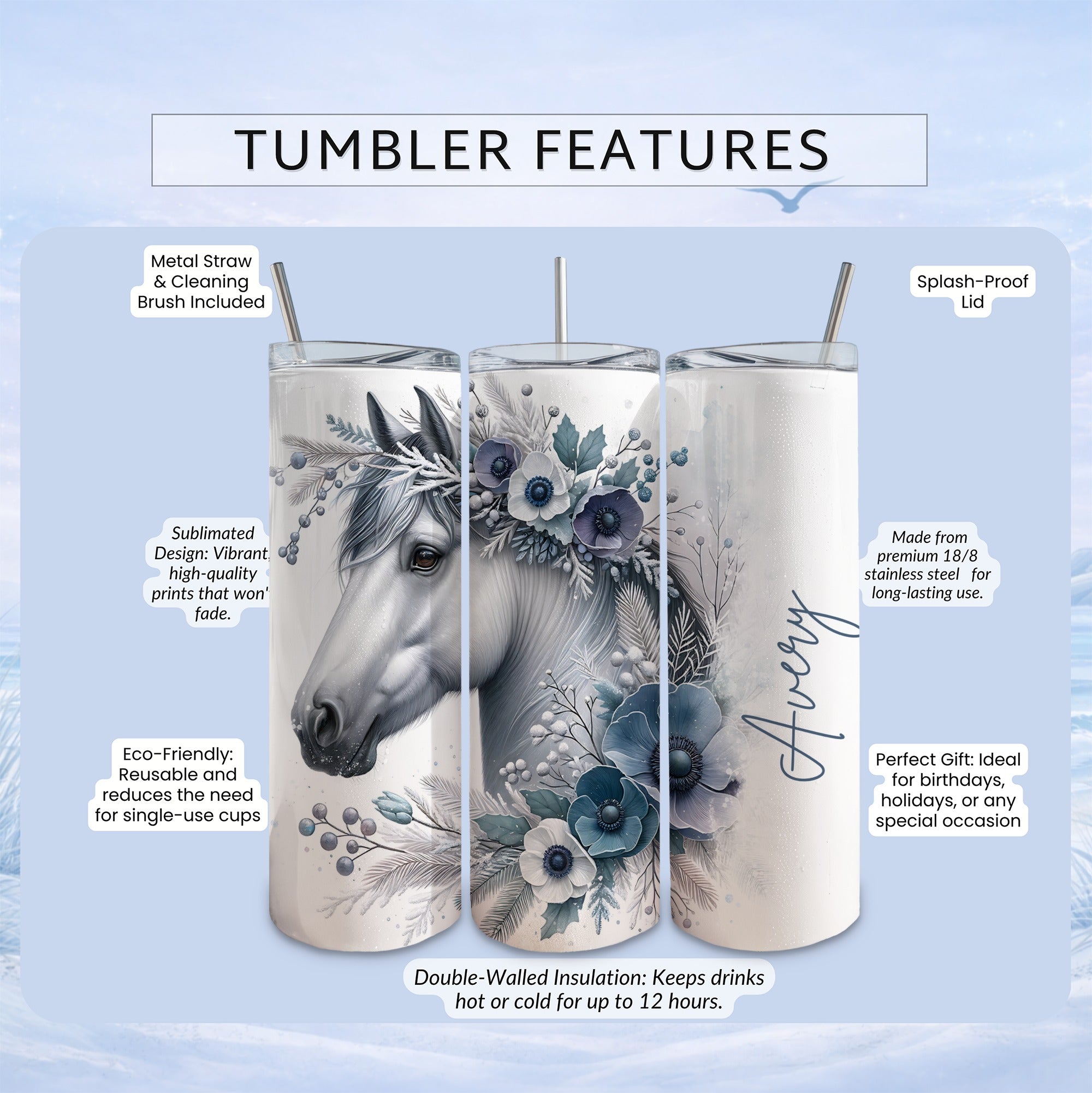 White horse with floral wreath on insulated tumbler, featuring text.