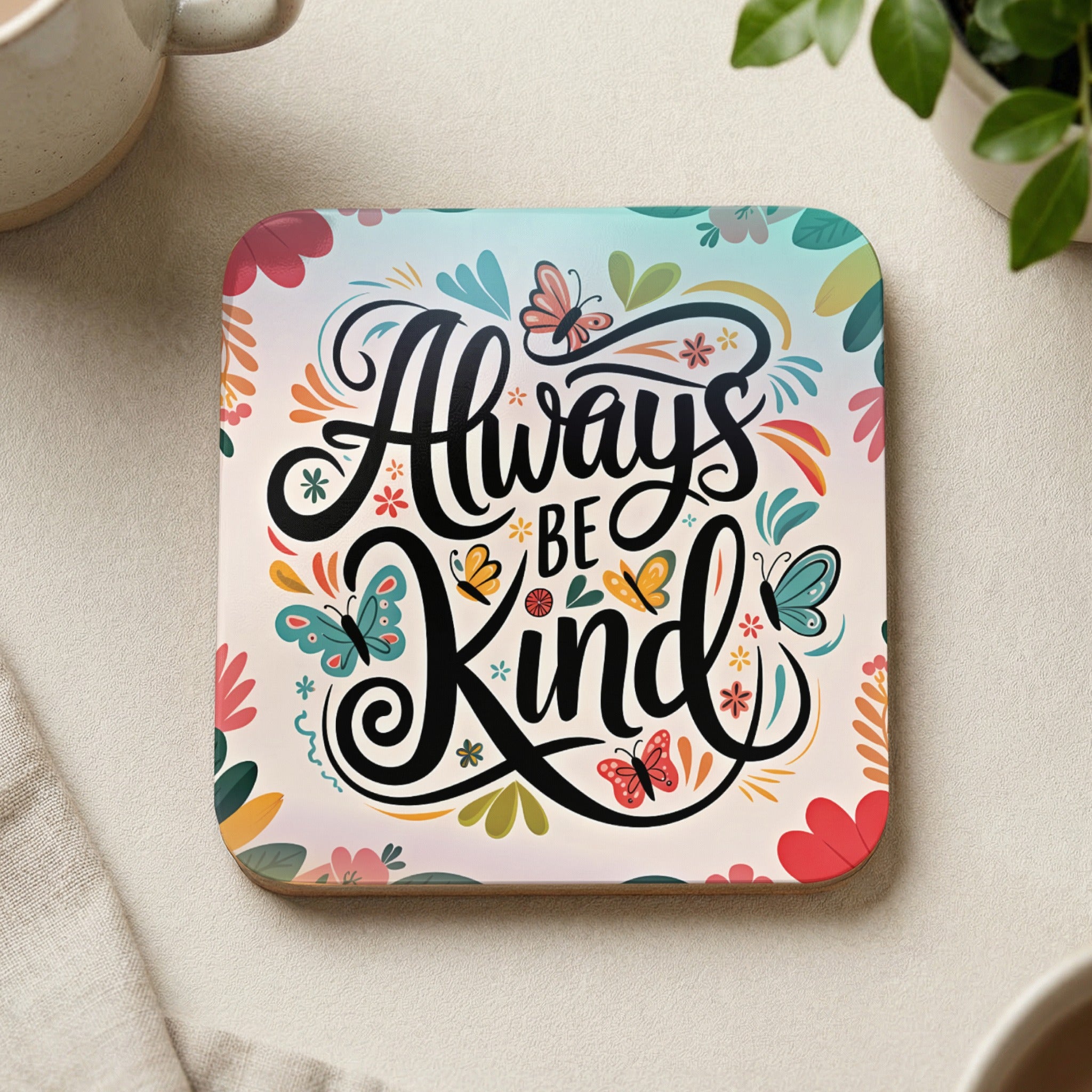 Square coaster with "Always Be Kind" text and colorful butterflies.