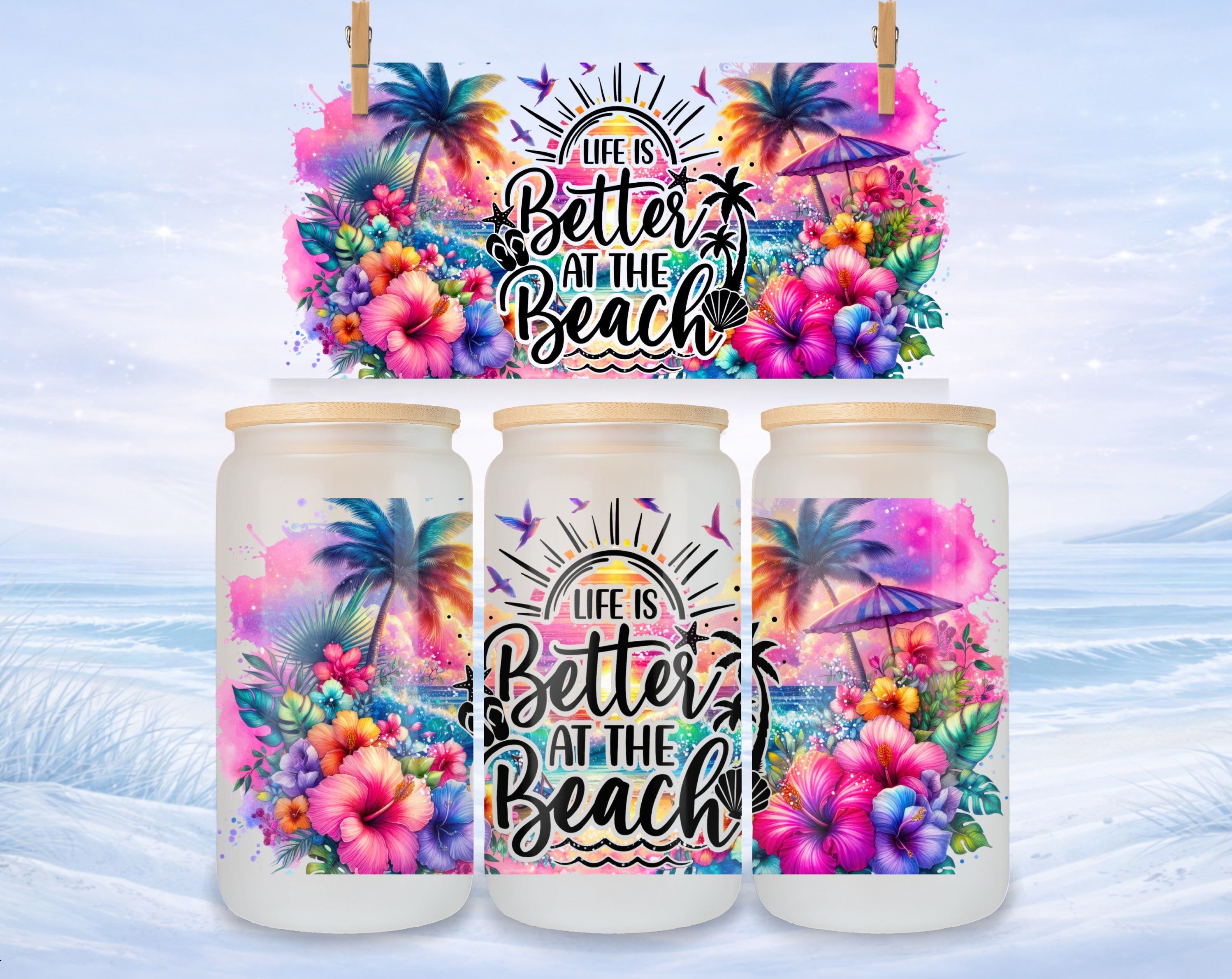 Glass tumbler with vibrant tropical beach design and "Life is Better at the Beach" text.