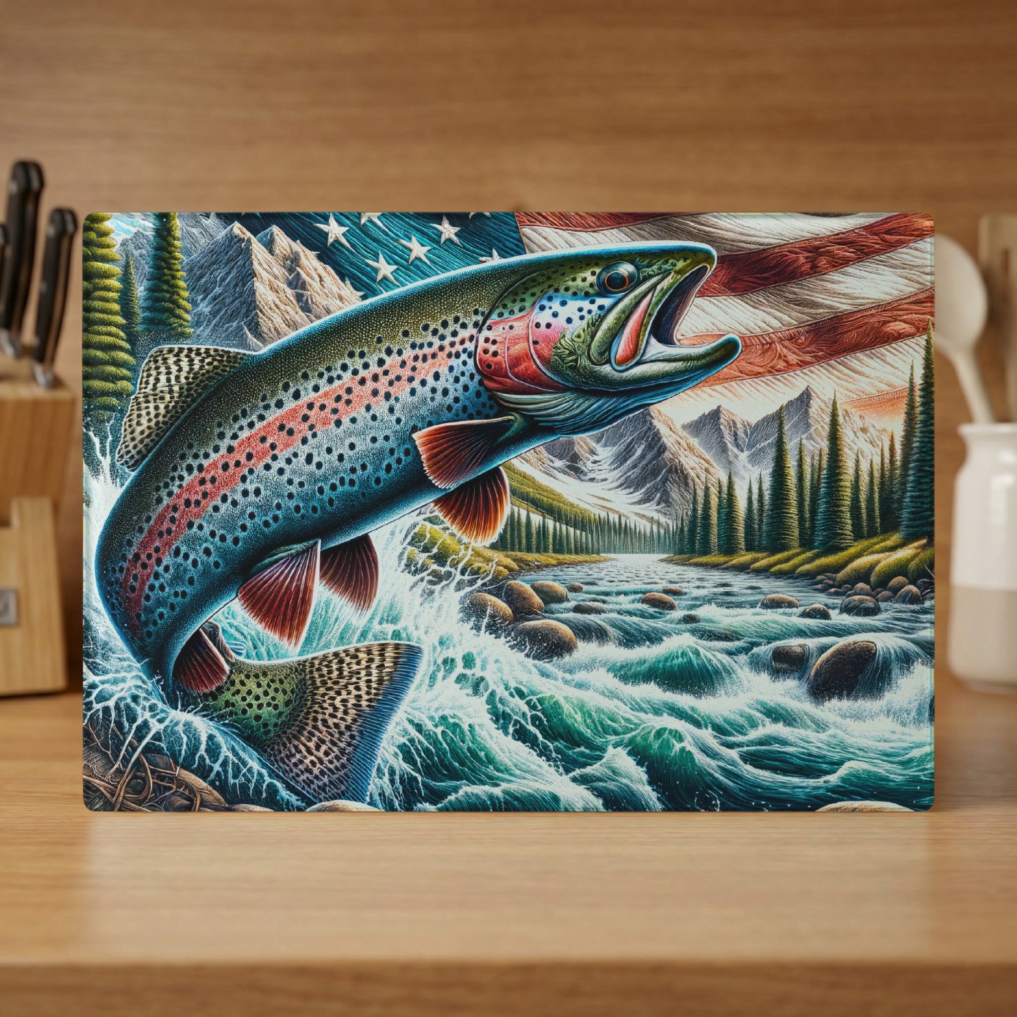 Rainbow trout leaps from a river with American flag in background.