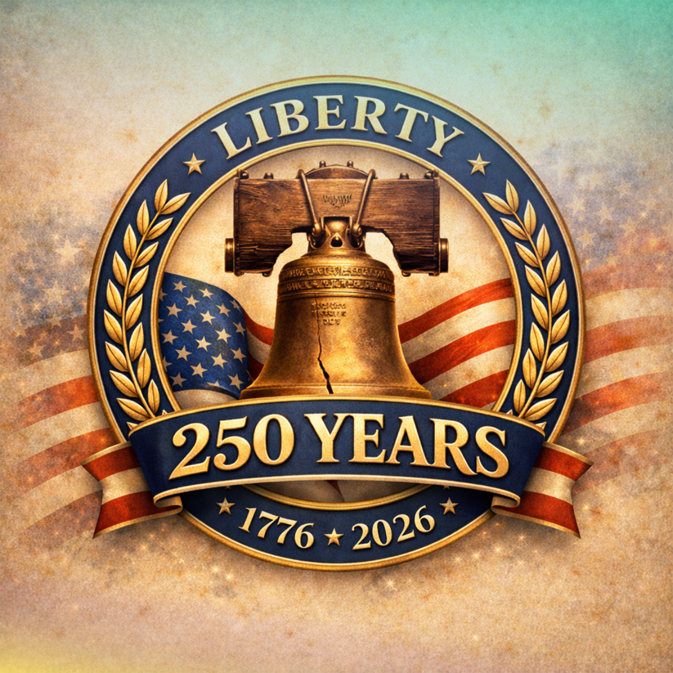 Liberty Bell with "250 YEARS" and dates, set against American flag.